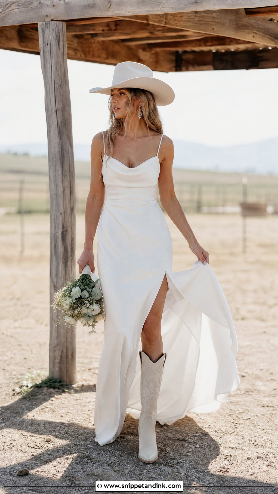 Satin Slip Western Wedding Dress With Boots - Snippet and Ink - 20 Simple Western Wedding Dress Ideas