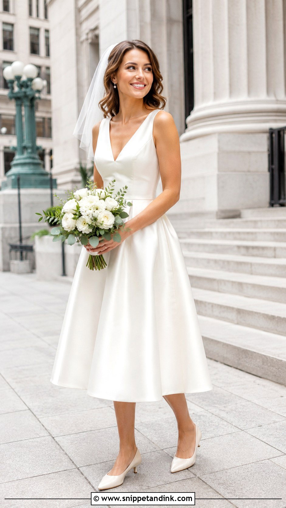 Satin V Neck Tea Length A Line Wedding Dress - Snippet and Ink - 20 David’s Bridal Wedding Dresses