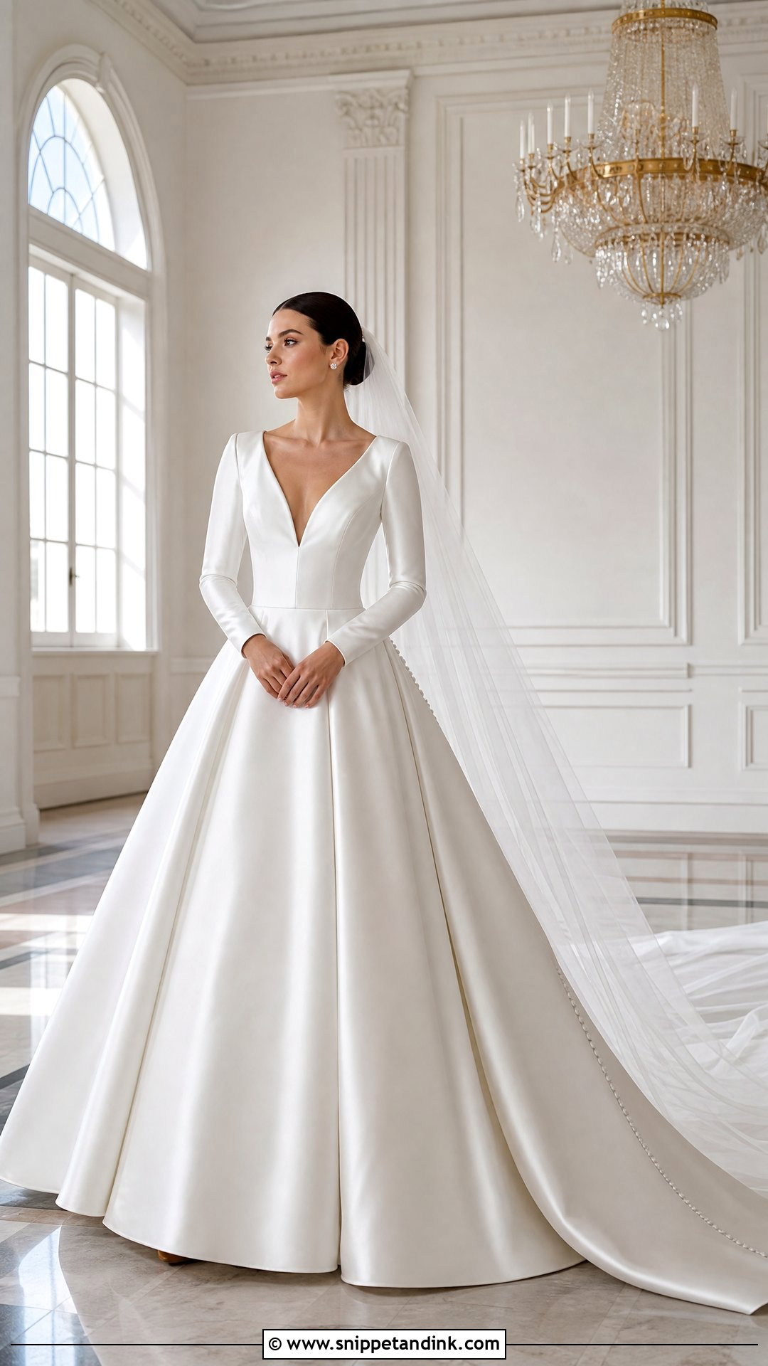 Satin V Neck Wedding Dress With Long Sleeves - Snippet and Ink - 20 V Neck Wedding Dress with Sleeves