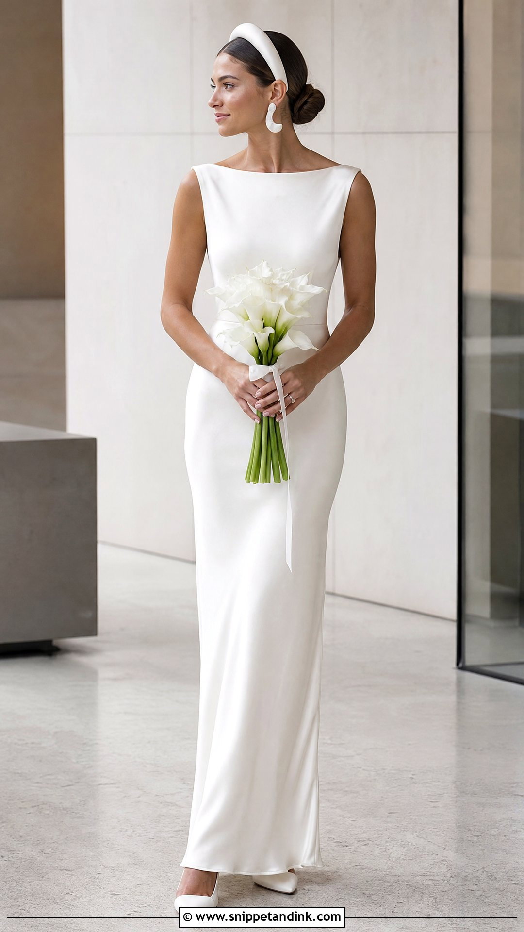 Satin Wedding Cap With Minimalist Column Gown - Snippet and Ink - 20 Wedding Caps Ideas