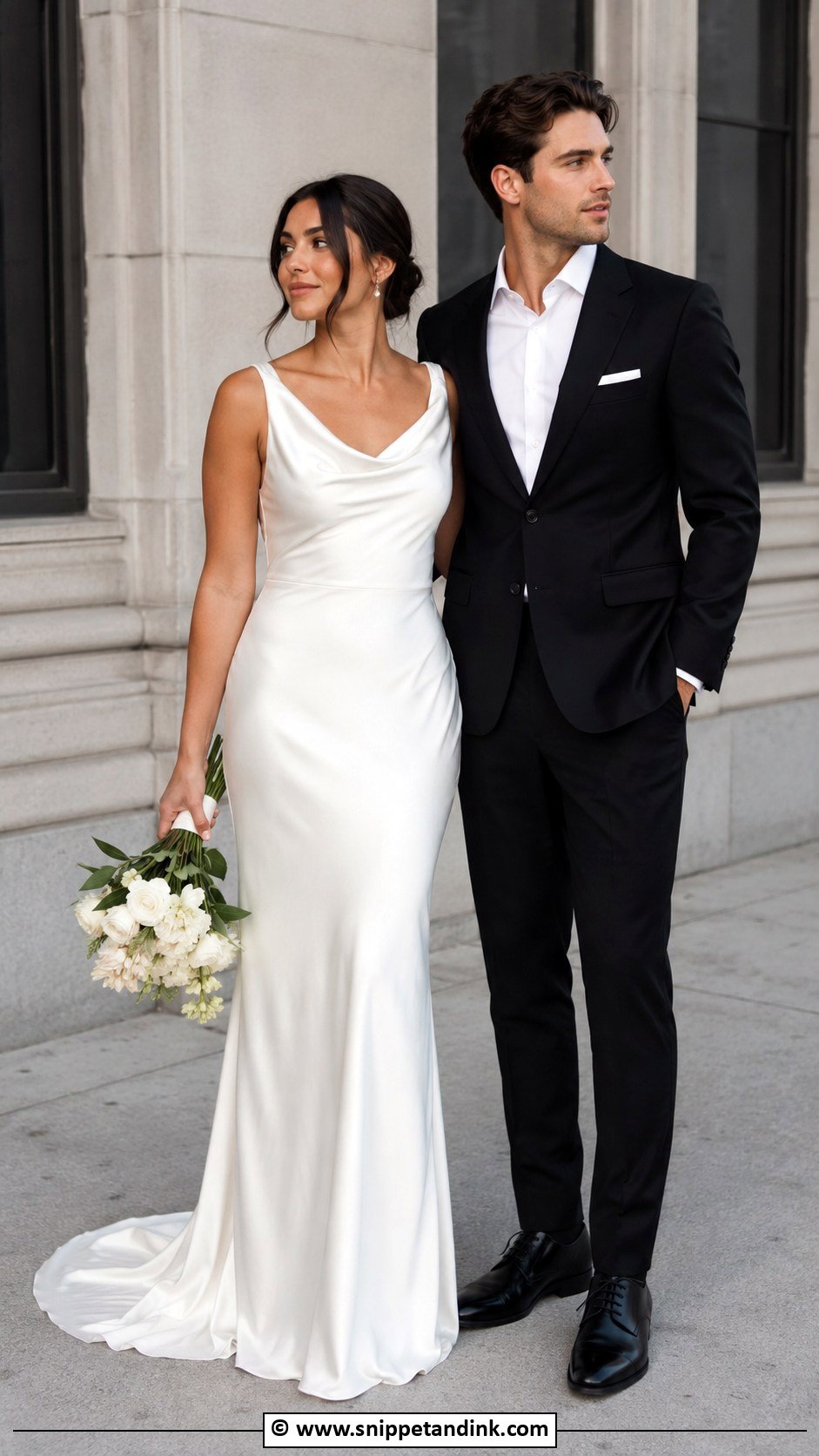 Satin Wedding Dress And Black Suit - Snippet and Ink - 30 Couple Wedding Dress Ideas