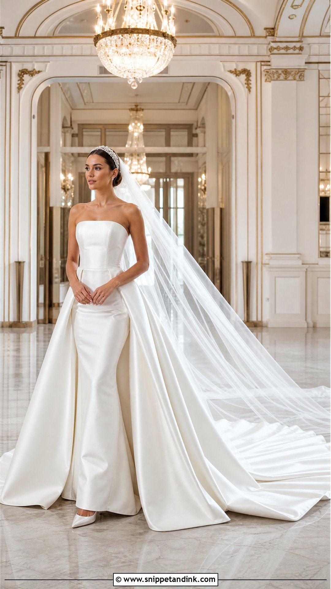 Satin Wedding Dress With Detachable Royal Overskirt Train - Snippet and Ink - 20 Wedding Dress Train Lengths Ideas