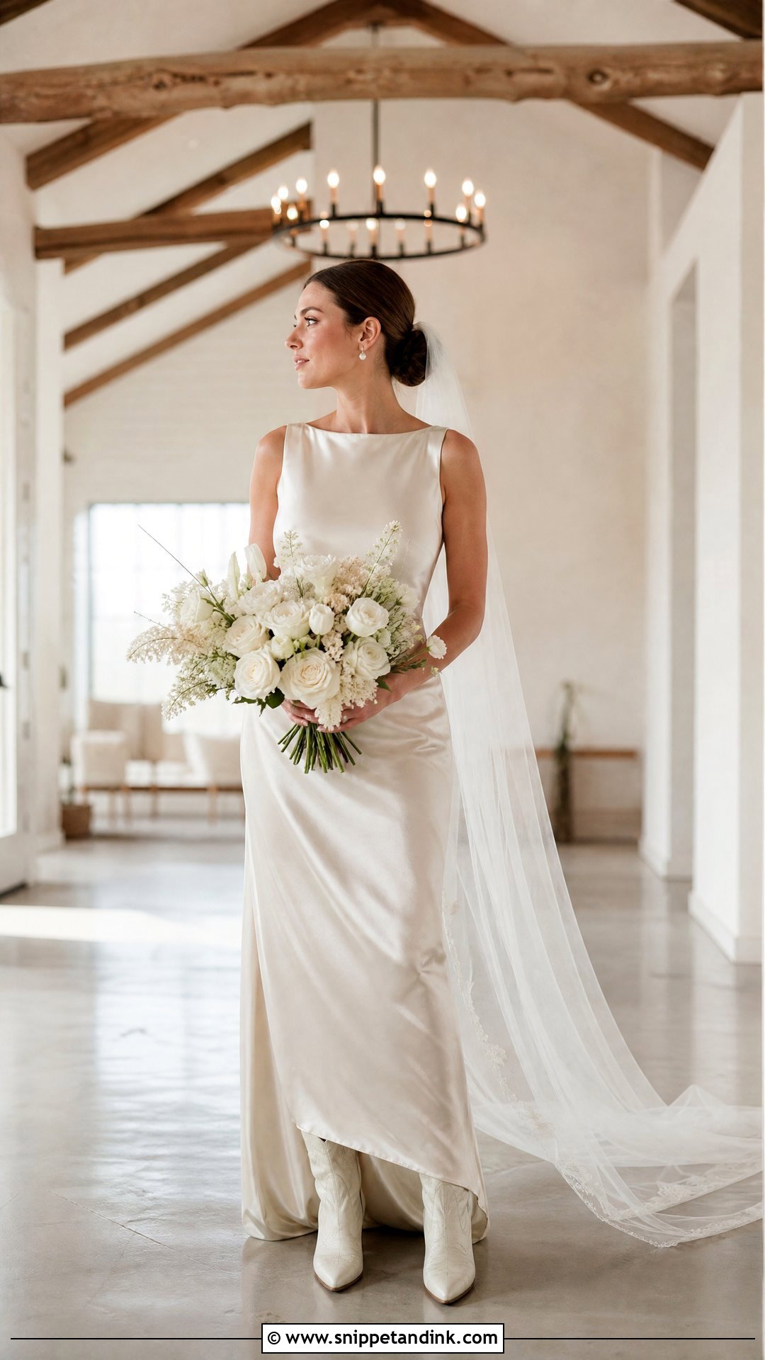 Satin Wedding Dress With Ivory Cowboy Boots - Snippet and Ink - 20 Wedding Cowboy Boots for Bride Ideas