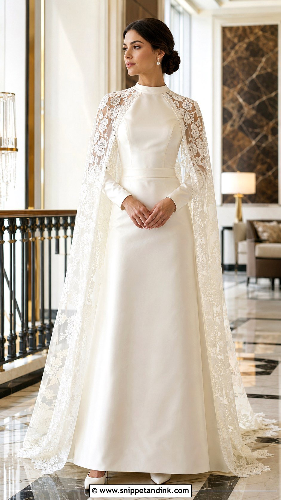 Satin Wedding Dress With Lace Cape - Snippet and Ink - 20 Lily Collin’s Wedding Dress Ideas