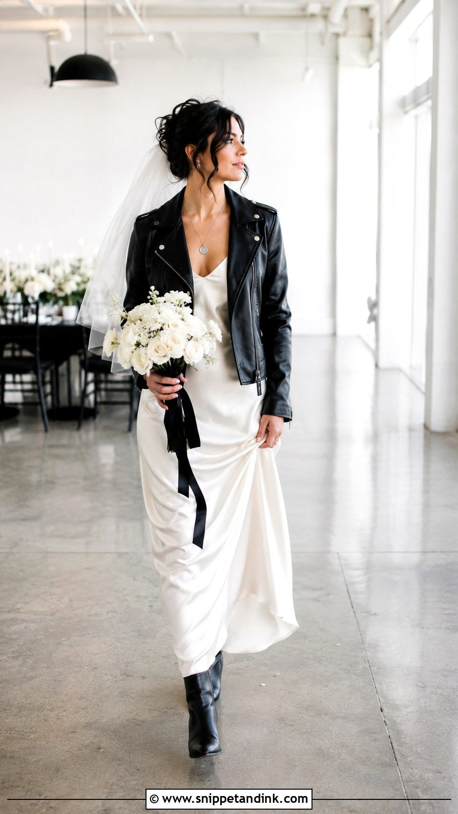 Satin Wedding Dress With Leather Jacket - Snippet and Ink - 20 Emo Bride Ideas