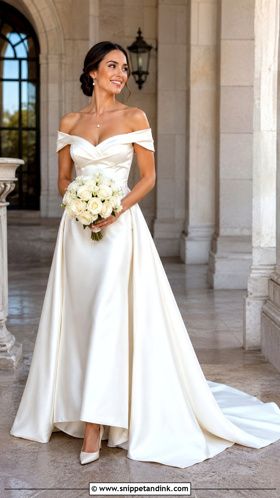 Satin Wedding Dress With Off The Shoulder Sleeves - Snippet and Ink - 20 Classy Elegant Satin Wedding Dress Ideas