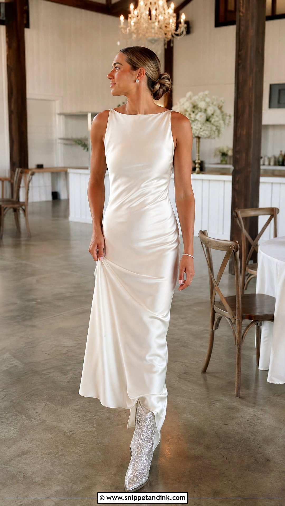 Satin Wedding Dress With Rhinestone Cowgirl Boots - Snippet and Ink - 25 Wedding Cowgirl Boots Ideas