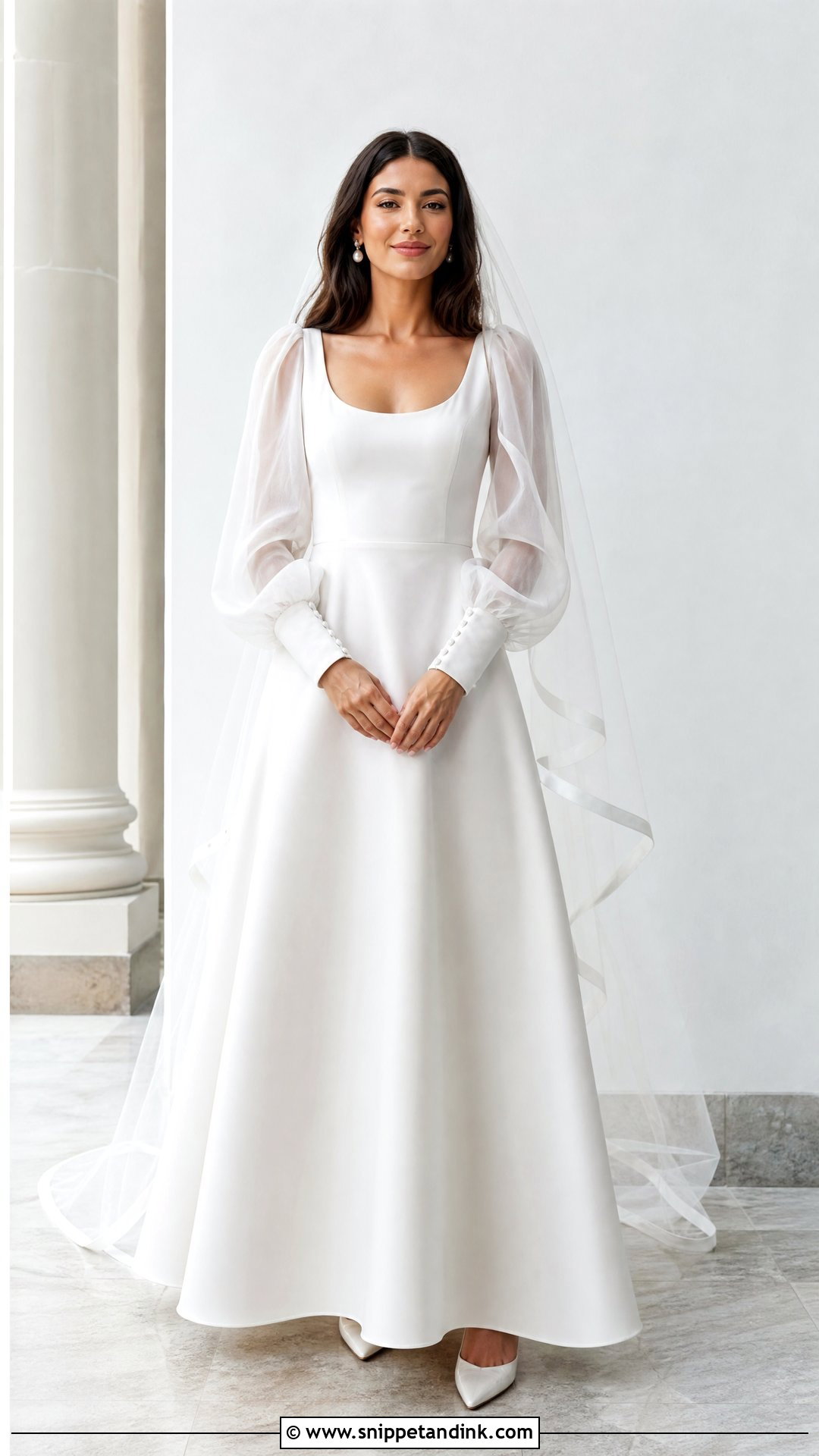Satin Wedding Dress With Sheer Bishop Sleeves - Snippet and Ink - 20 Wedding Dresses Flowy Sleeves