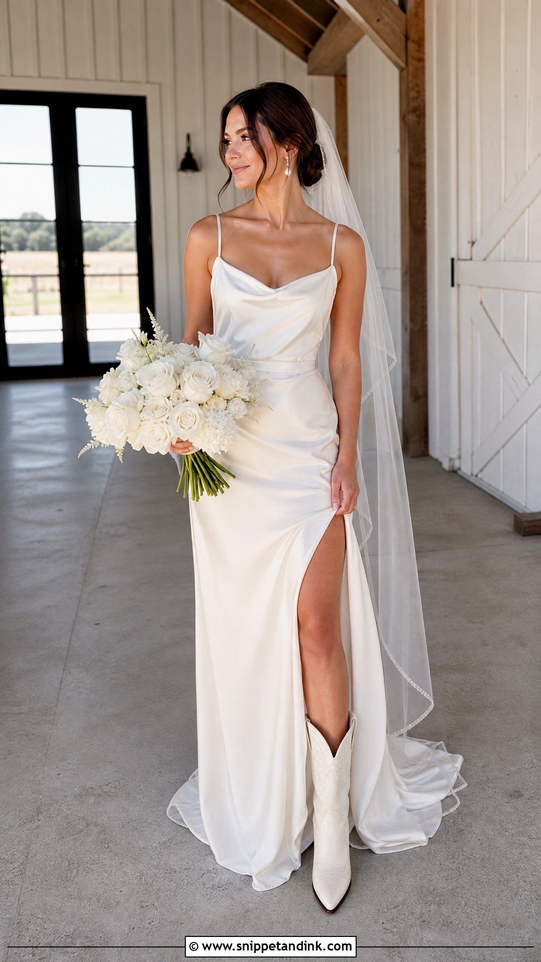 Satin Wedding Dress With White Cowboy Booties - Snippet and Ink - 20 Wedding Dress and Cowboy Boots Ideas
