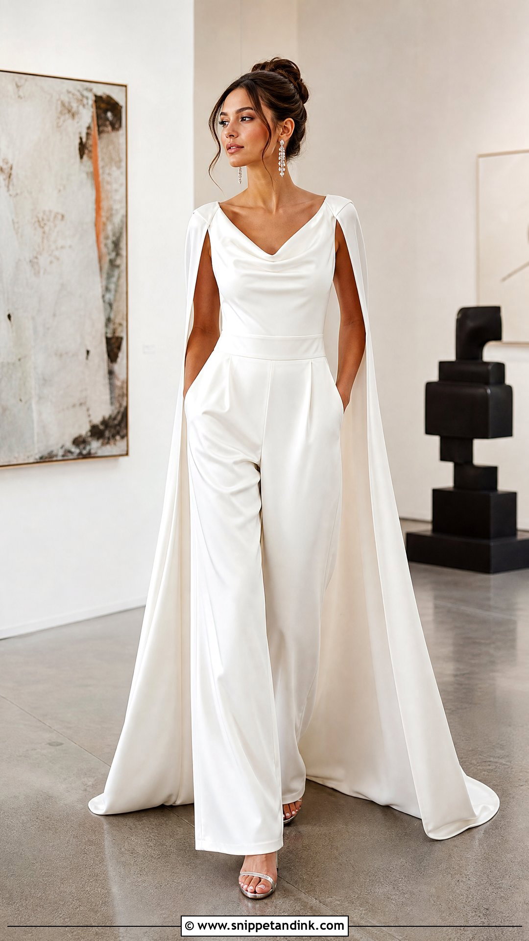 Satin Wedding Jumpsuit With Cape - Snippet and Ink - 20 Pants Wedding Dress Ideas