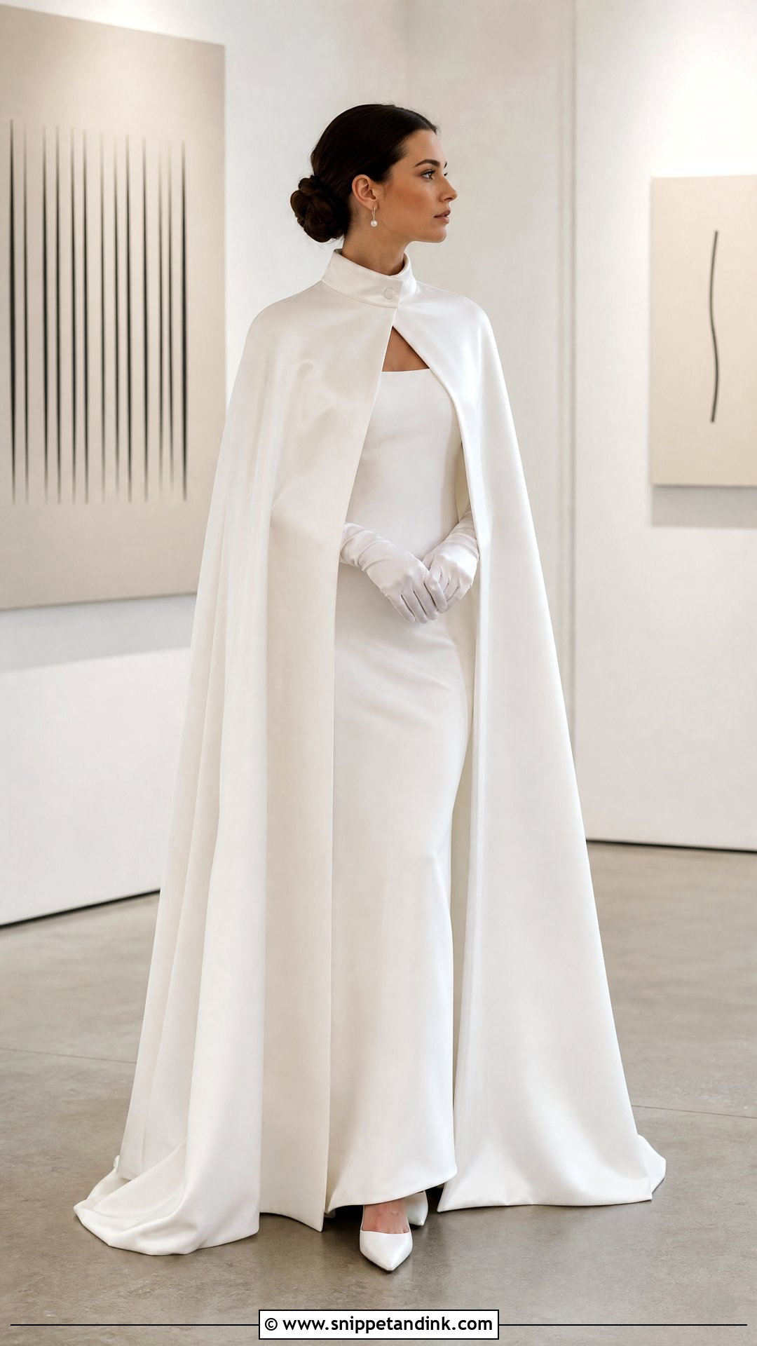 Satin Winter Wedding Cape With Sheath Dress - Snippet and Ink - 20 Winter Wedding Cape Ideas