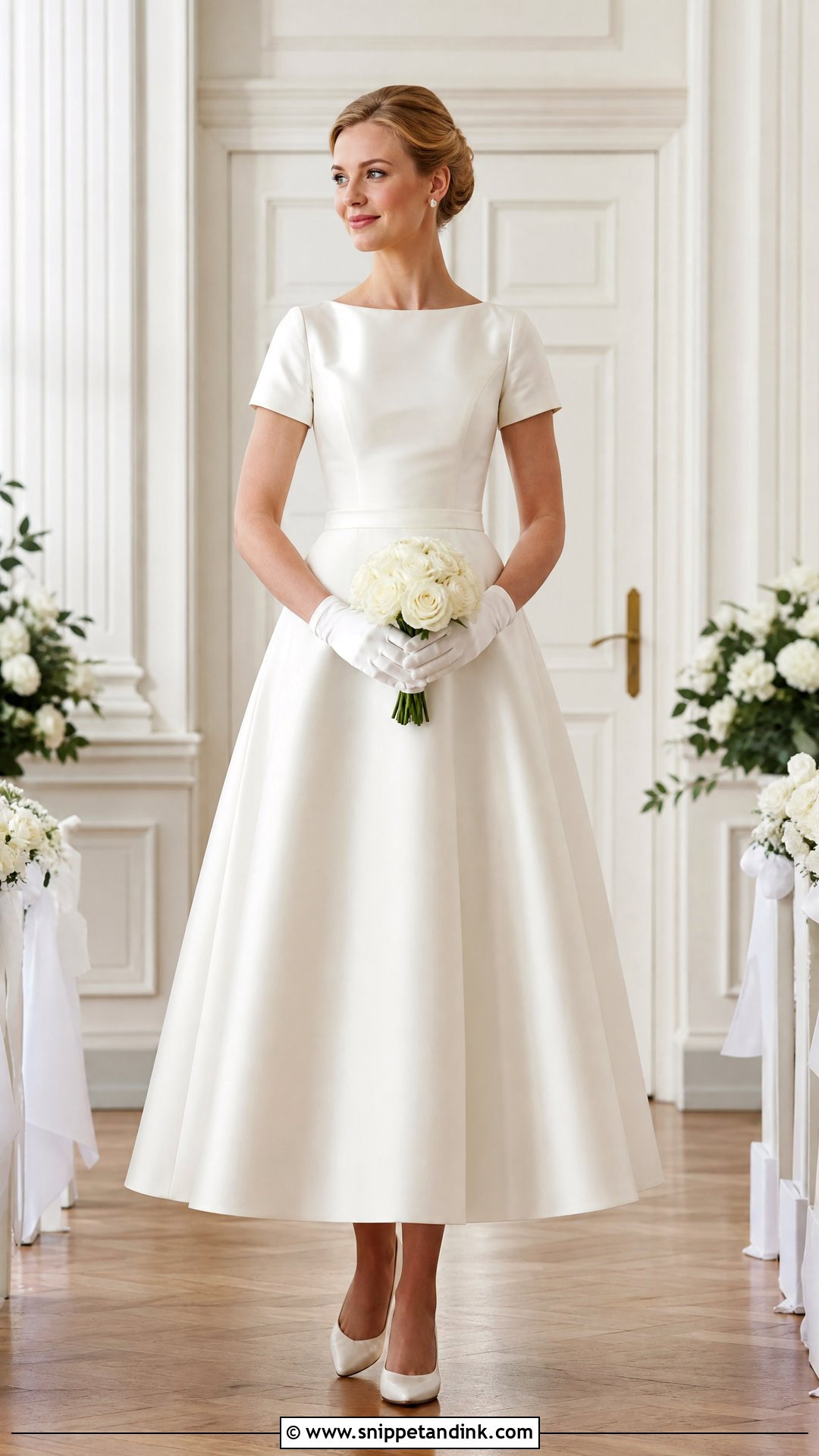 Satin Wrist Wedding Dress Gloves With Short Sleeve Gown - Snippet and Ink - 25 Wedding Dress Gloves Ideas