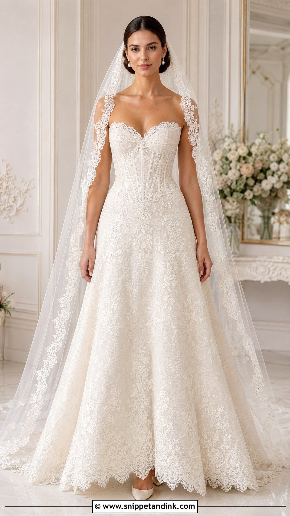 Scalloped Lace Basque Waist Wedding Dress - Snippet and Ink - 20 Basque Waist Lace Wedding Dress Ideas