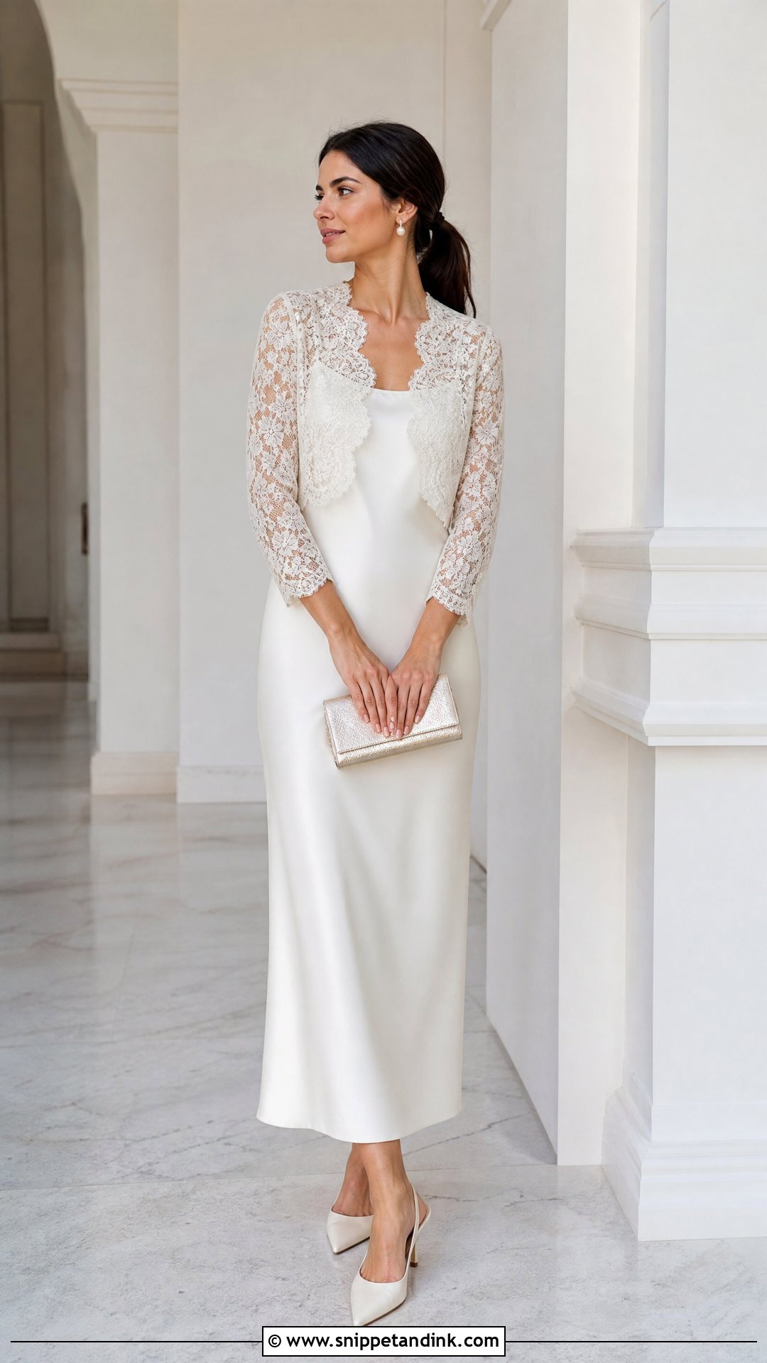 Scalloped Lace Bolero With Minimalist Sheath Dress - Snippet and Ink - 25 Lace Bolero Wedding Ideas