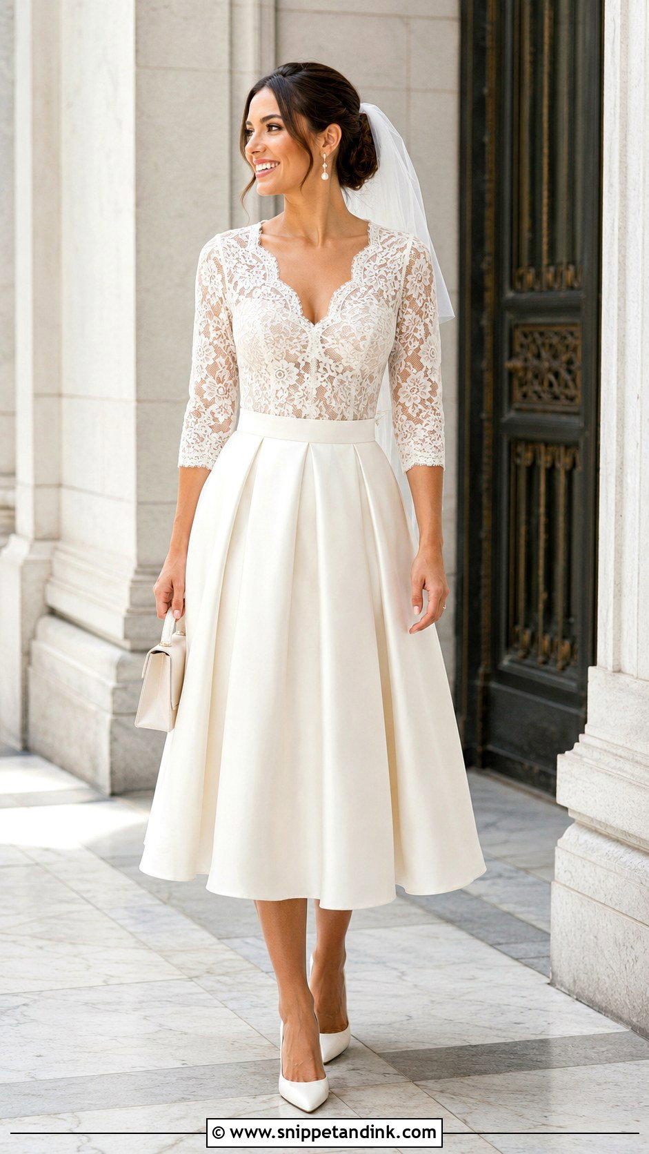 Scalloped Lace Bridal Bodysuit With Tea Length Skirt - Snippet and Ink - 20 Bridal Bodysuit Ideas