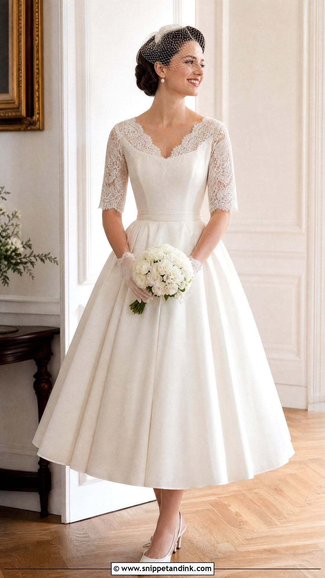 Scalloped Lace Collar Tea Length Wedding Dress - Snippet and Ink - 20 Wedding Dress with Collar Ideas