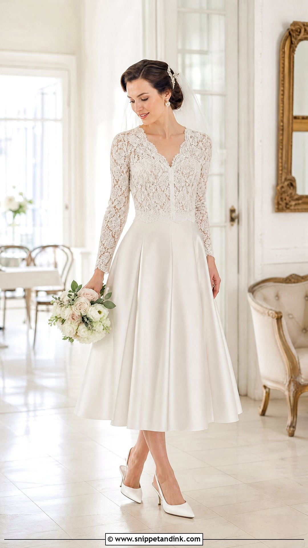 Scalloped Lace Wedding Dress Topper With Tea Length Gown - Snippet and Ink - 20 Wedding Dress Topper Long Sleeve Ideas