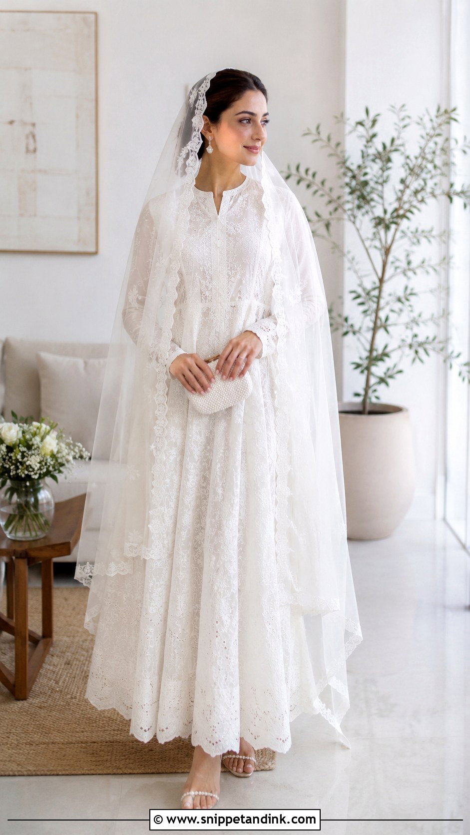 Scalloped Nikah Veil With Chikankari Dress - Snippet and Ink - 25 Nikah Veil Ideas