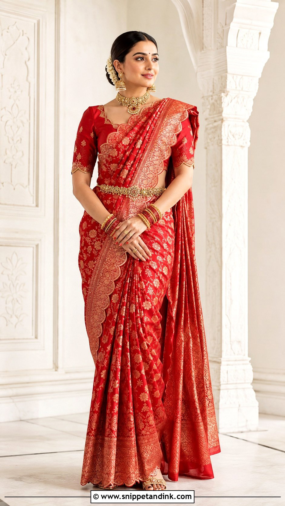 Scalloped Red Bridal Blouse With Saree - Snippet and Ink - 20 Red Bridal Blouse Ideas