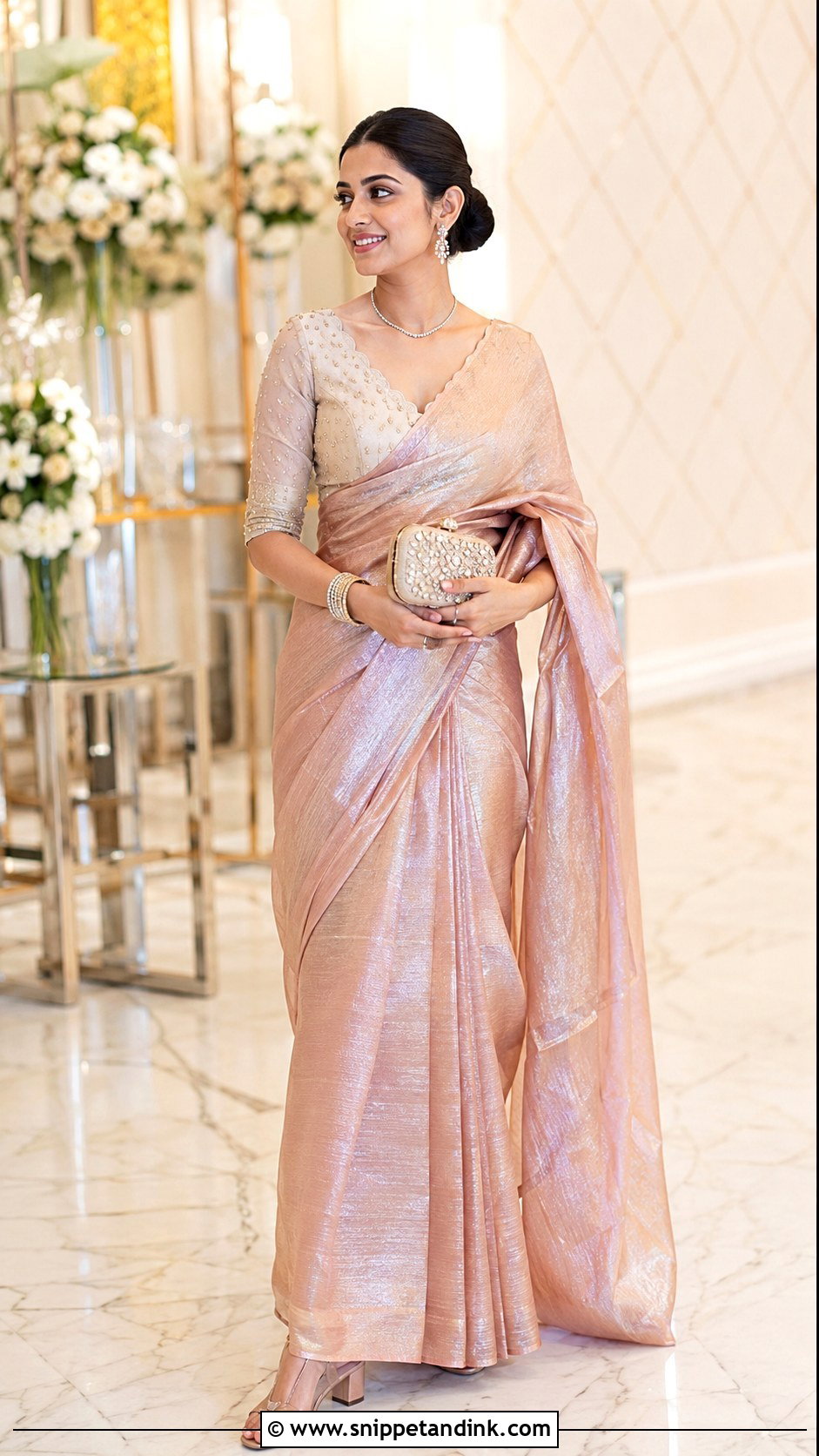 Scalloped Stone Blouse With Tissue Saree - Snippet and Ink - 20 Grand Blouse Designs for Marriage