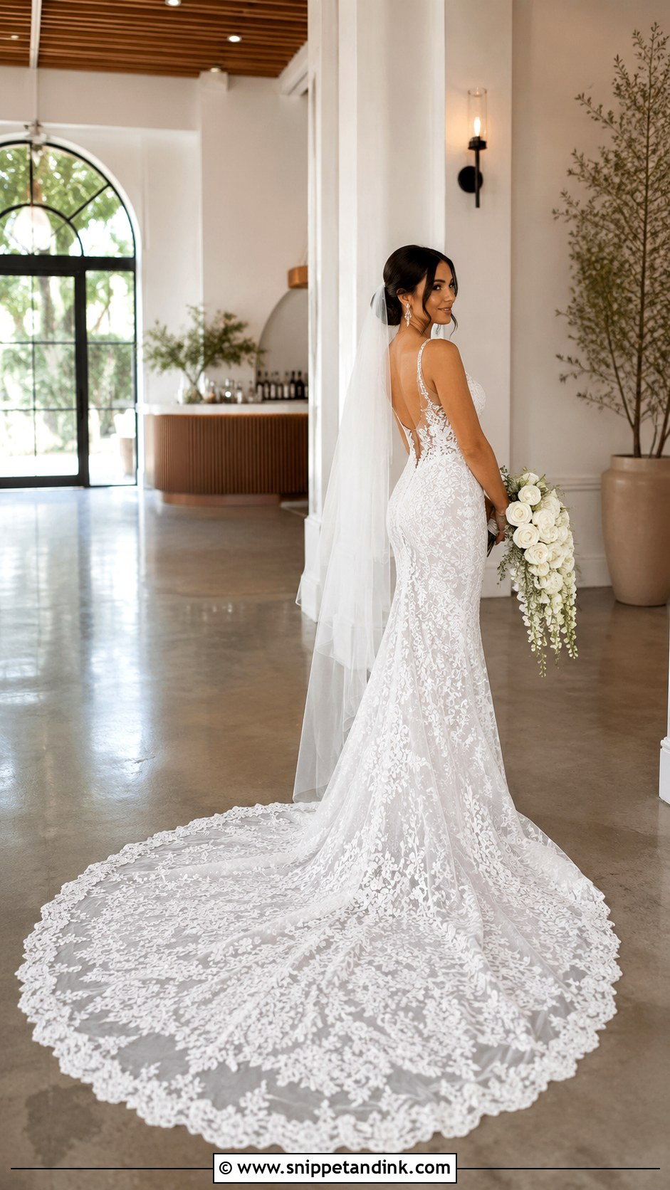 Scalloped Train Lace Fit and Flare Wedding Dress - Snippet and Ink - 20 Lace Fit and Flare Wedding Dress Ideas