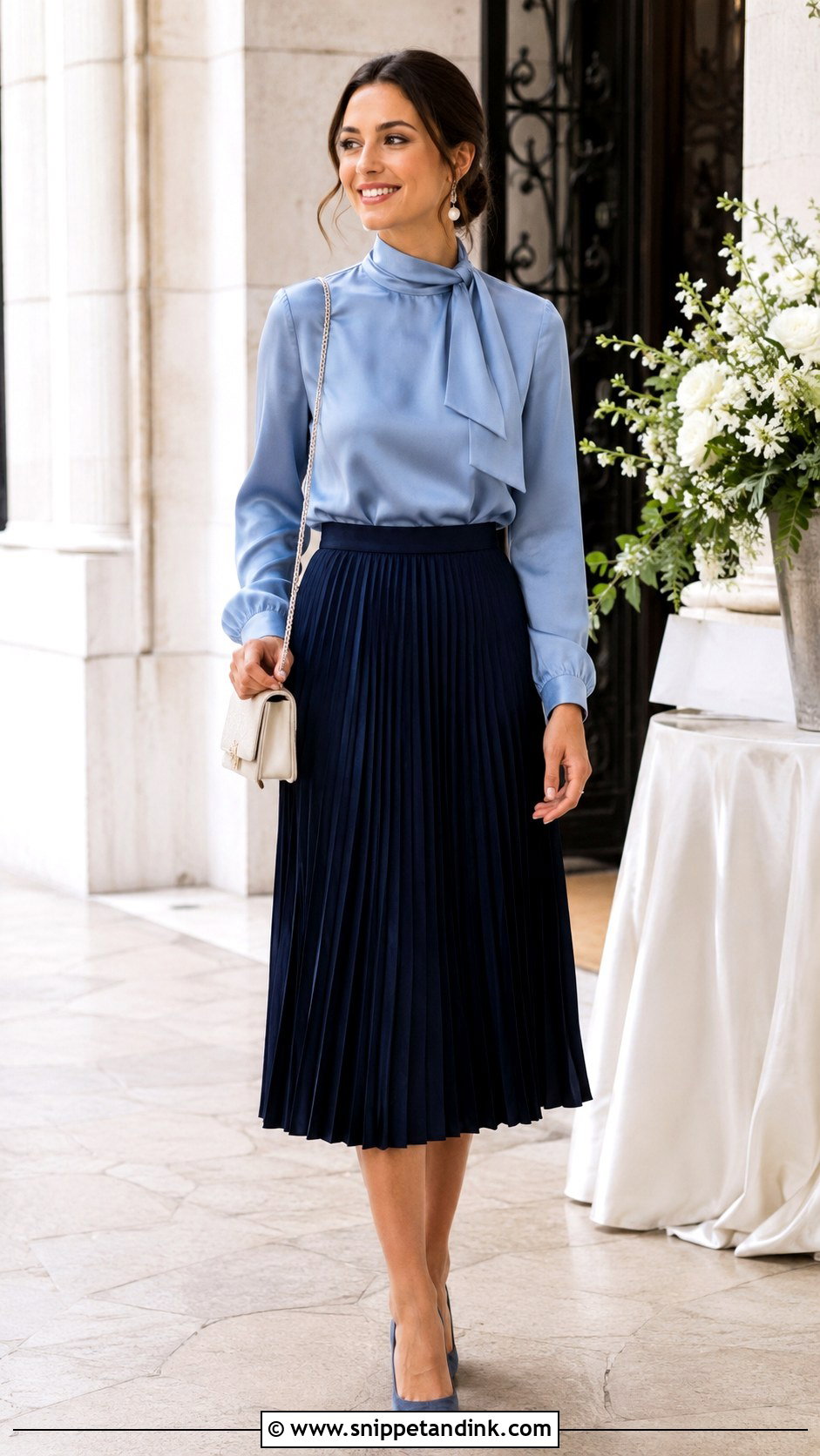 Scarf Neck Blouse And Midi Skirt Wedding Outfit - Snippet and Ink - 25 Blouse and Skirt Outfit Wedding Ideas