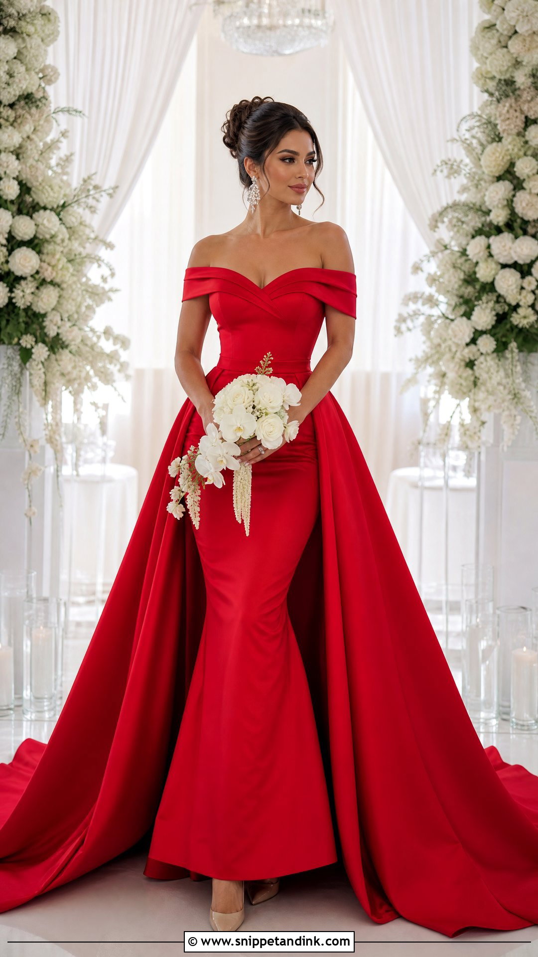 Scarlet Off Shoulder Mermaid Bridal Gown - Snippet and Ink - 20 Red Bridal Gown Ideas