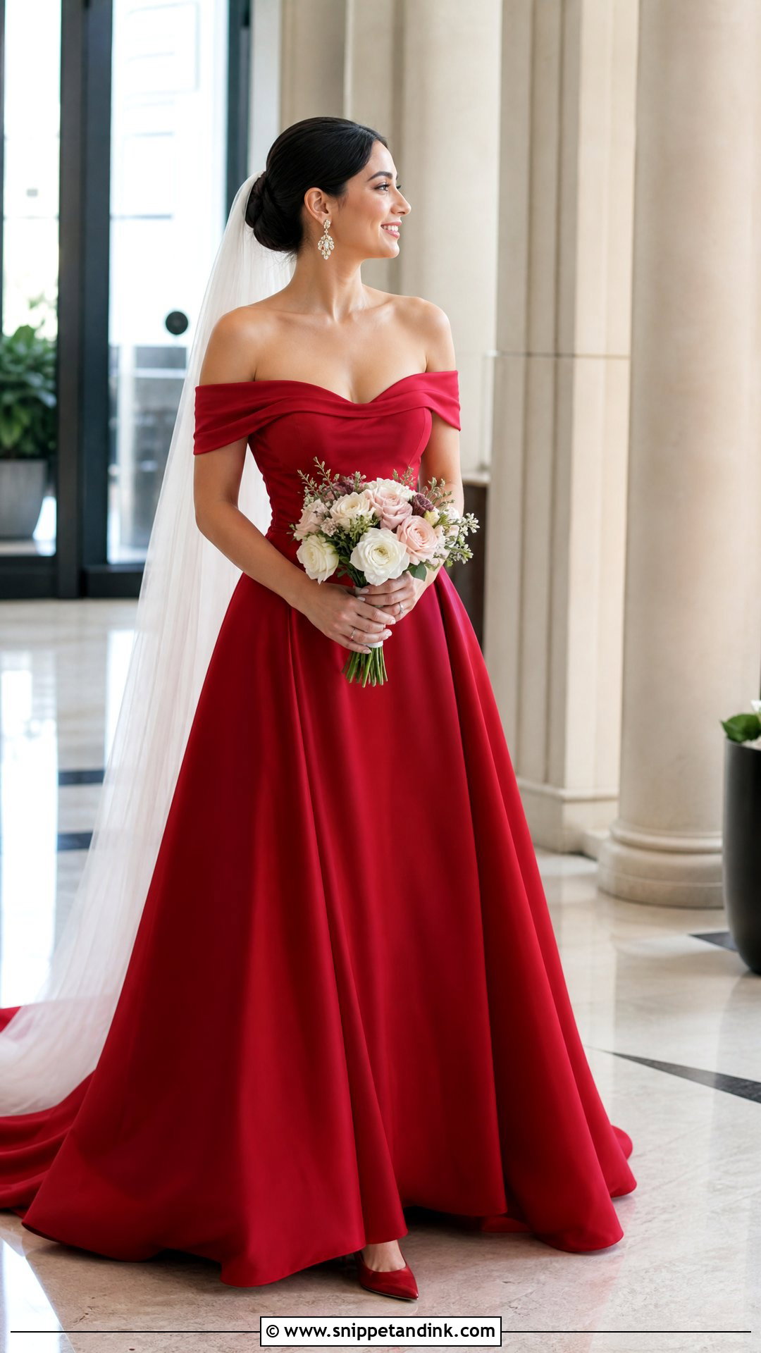 Scarlet Off Shoulder Wedding Gown - Snippet and Ink - 20 Red Wedding Gown Ideas