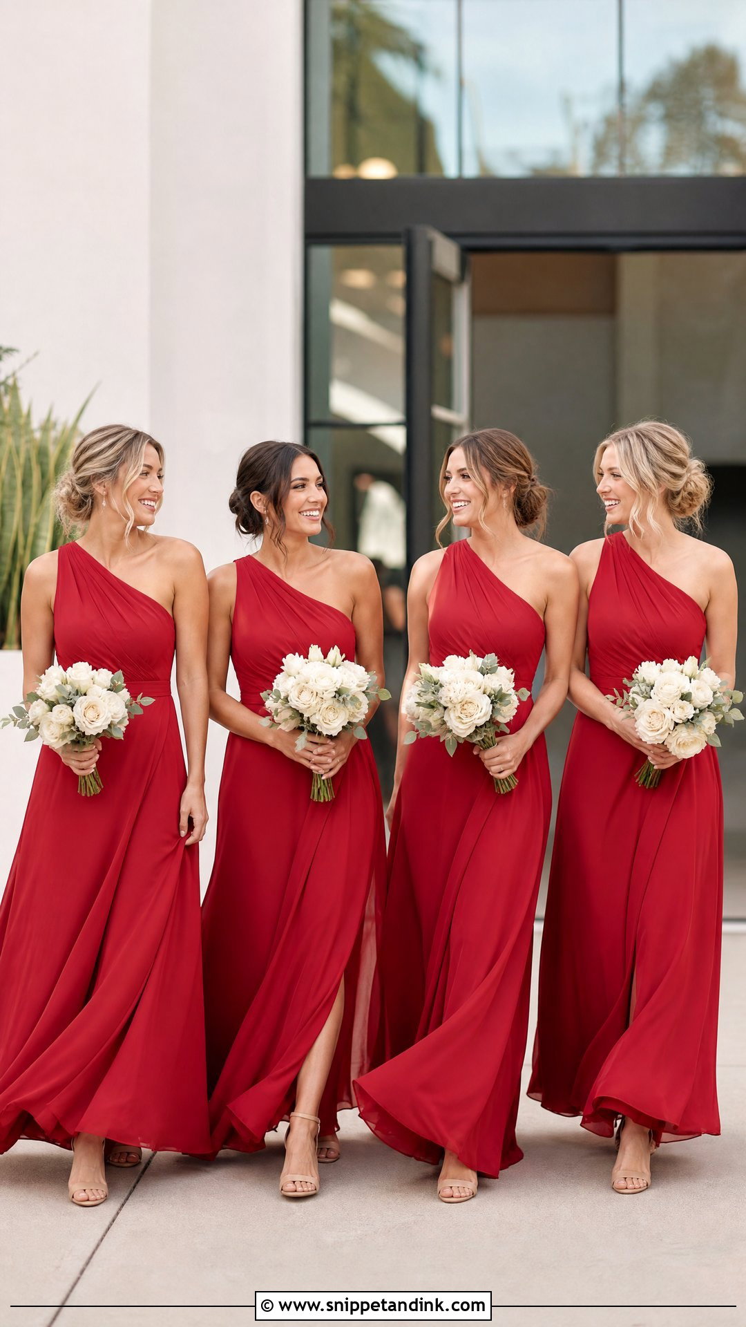 Scarlet One Shoulder Bridal Party Dresses - Snippet and Ink - 20 Red Bridal Party Ideas