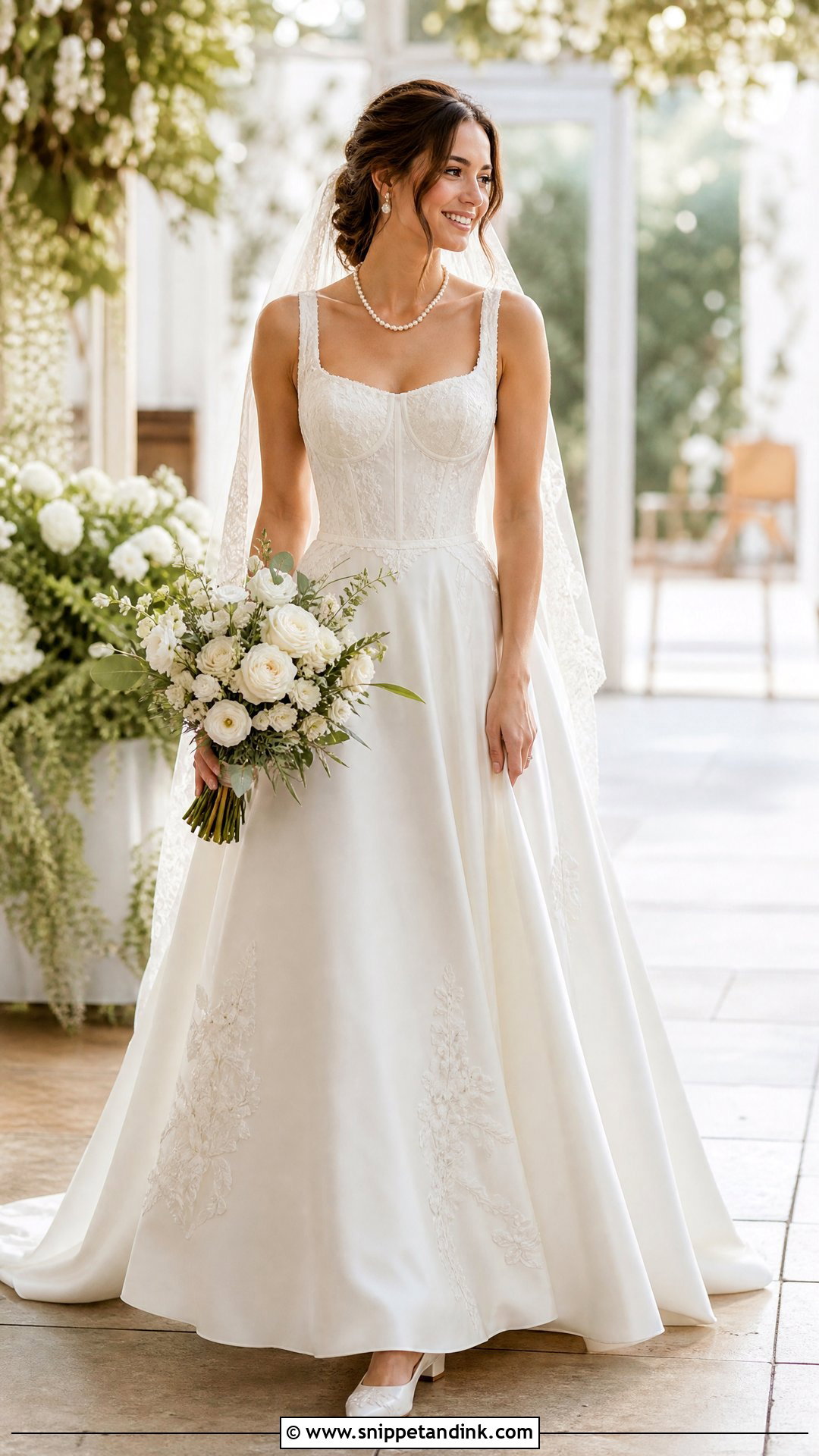 Scoop Neck Corset Wedding Dress With Lace Veil - Snippet and Ink - 20 Timeless Corset Wedding Dress Ideas