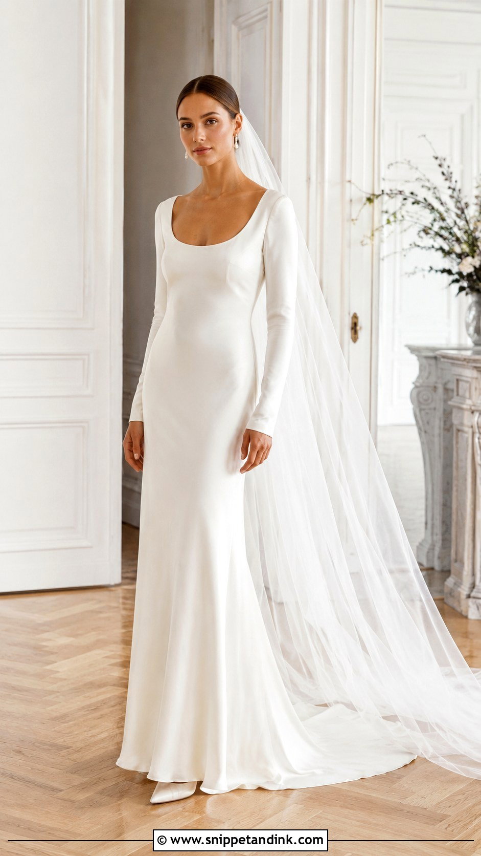 Scoop Neck Minimal Long Sleeve Wedding Dress - Snippet and Ink - 20 Minimal Wedding Dress Long Sleeve Ideas