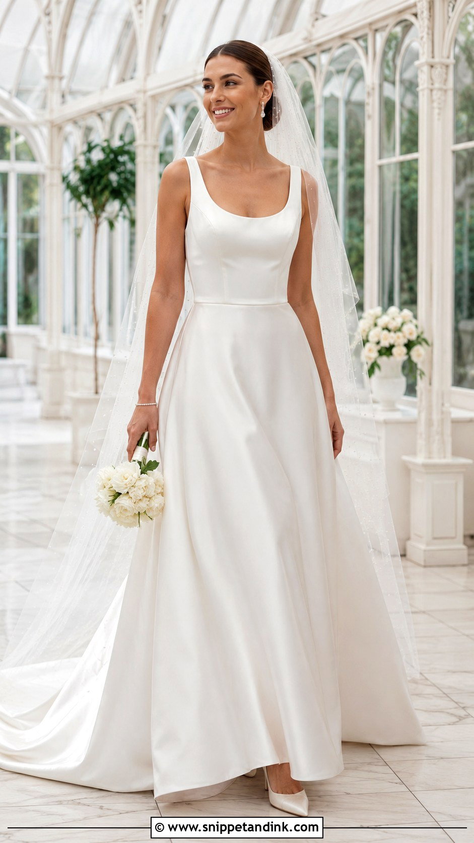 Scoop Neck Satin Wedding Dress With Pearl Veil - Snippet and Ink - 20 Classy Elegant Satin Wedding Dress Ideas