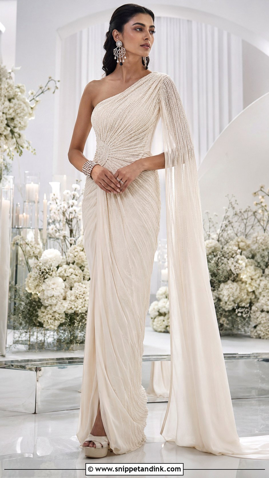 Sculptural Draped Gown Bride Sangeet Look - Snippet and Ink - 20 Bride Sangeet Look Ideas