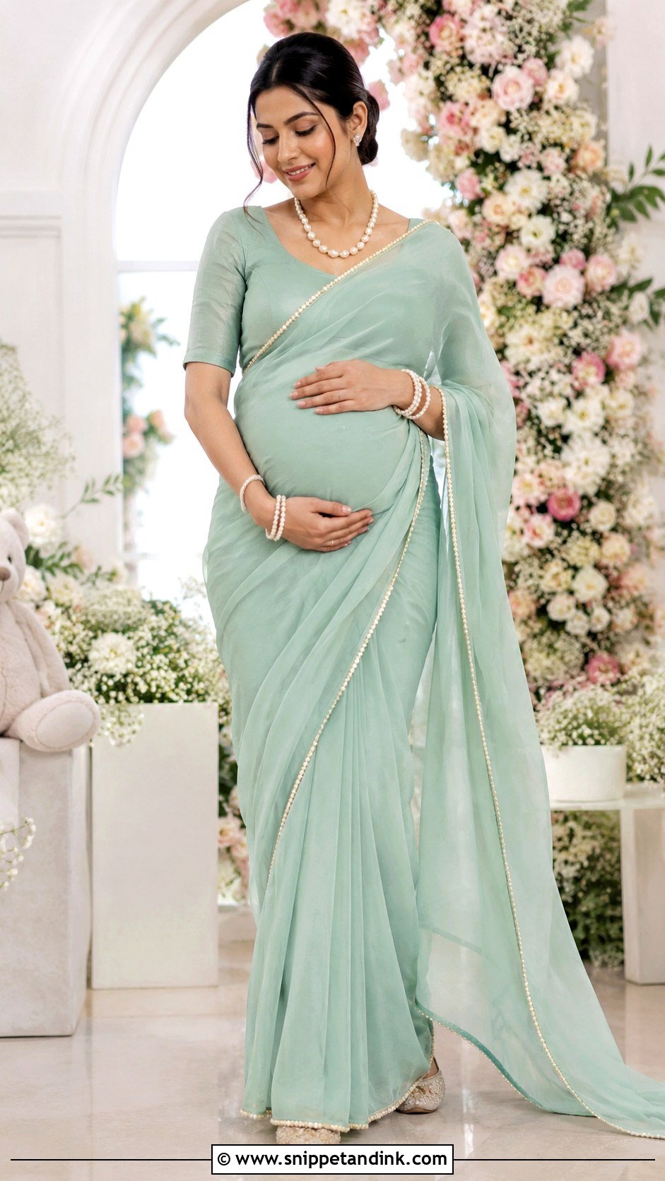 Sea Green Saree Godh Bharai Outfit - Snippet and Ink - 25 Godh Bharai Outfit Ideas