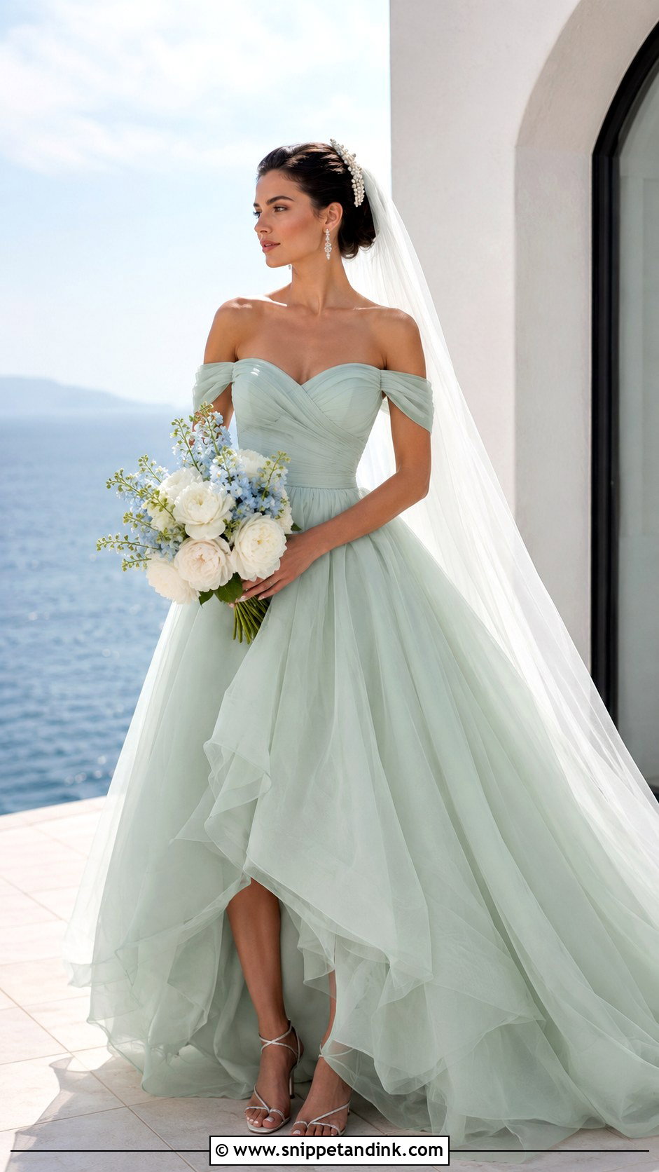 Seafoam Green Off Shoulder Wedding Dress - Snippet and Ink - 20 Green Bride Dress Ideas