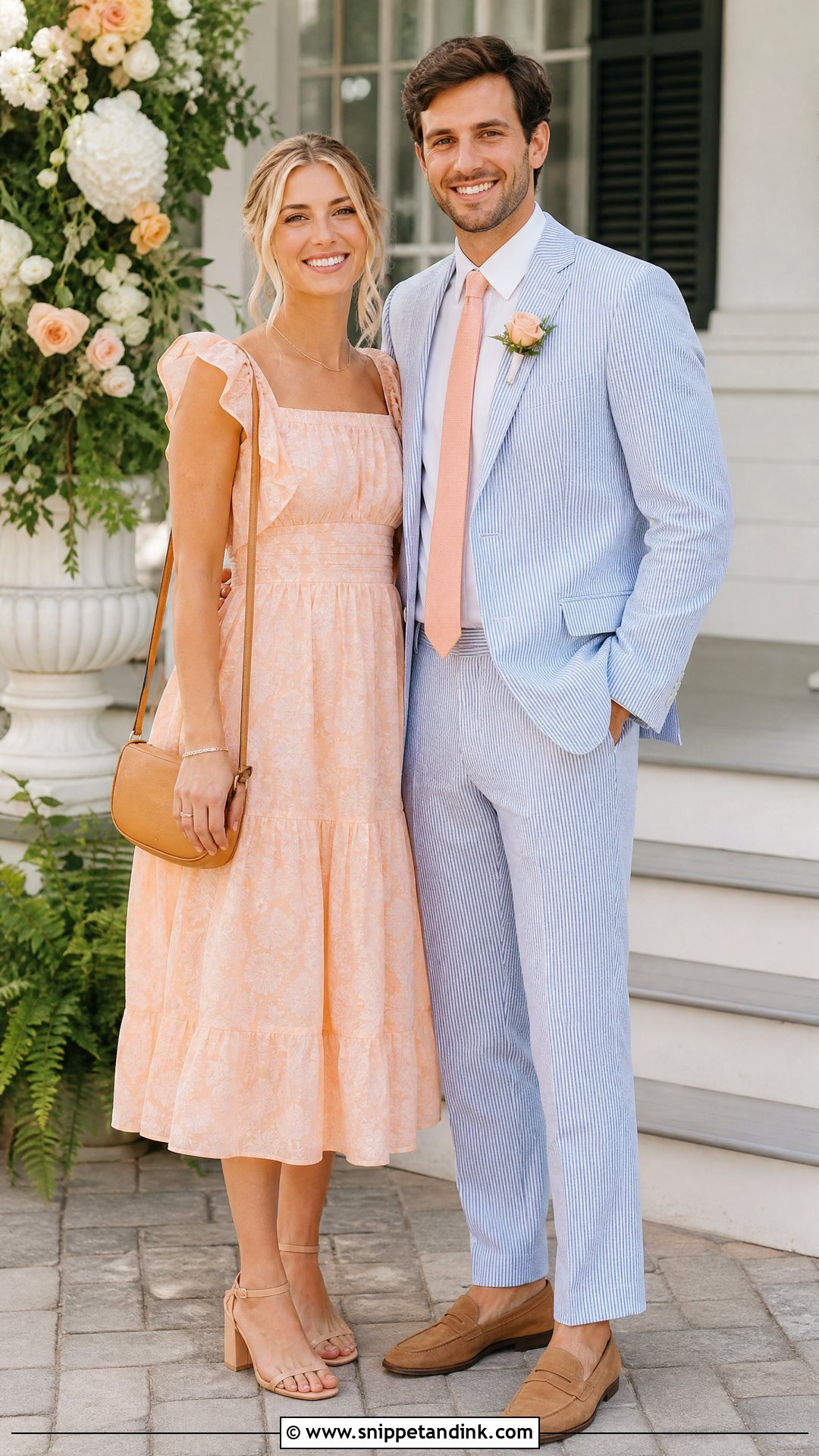 Seersucker Suit And Pastel Dress Wedding Outfit - Snippet and Ink - 20 Wedding Date Outfit Couple Ideas