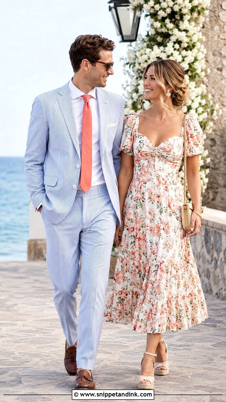 Seersucker Suit And Printed Midi Dress Couple Wedding Outfit - Snippet and Ink - 20 Couples Wedding Outfits