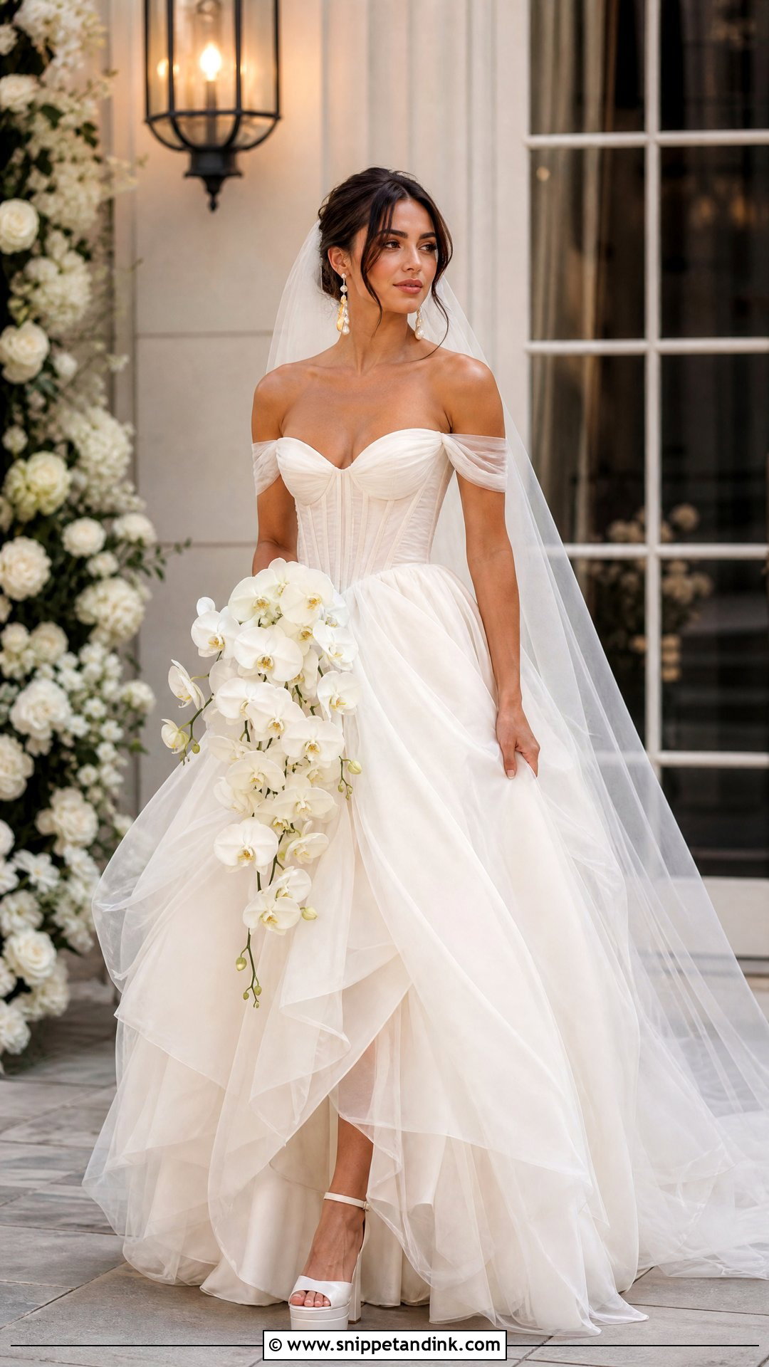 Selkie Off Shoulder Wedding Gown With Drop Earrings - Snippet and Ink - 20 Selkie Wedding Dress Ideas