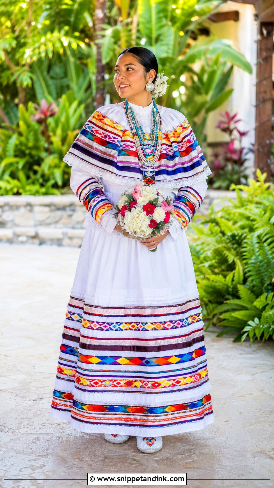 Seminole Patchwork Wedding Dress With Bead Necklaces - Snippet and Ink - 20 Native Wedding Dress Ideas
