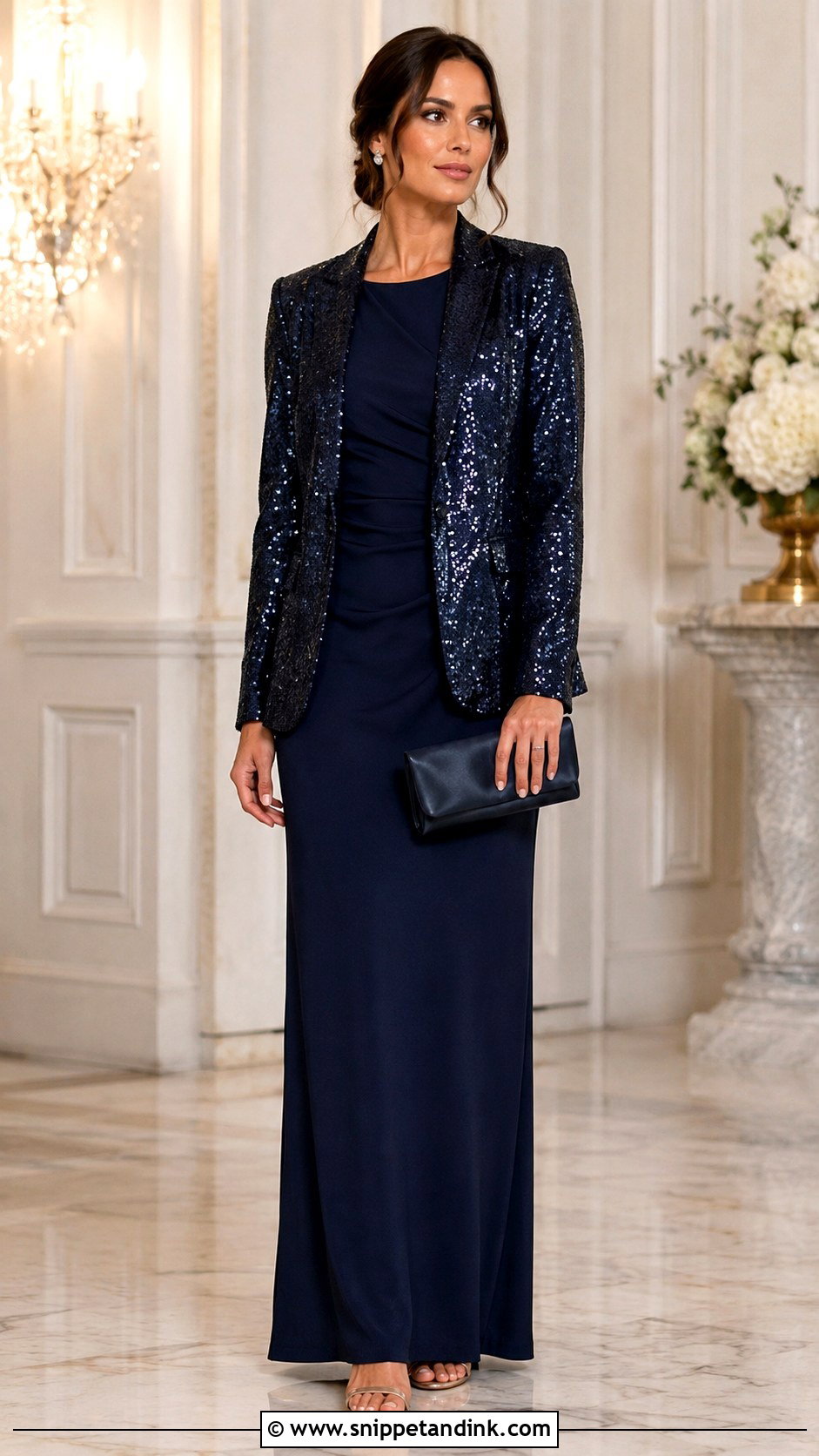 Sequin Blazer With Column Dress - Snippet and Ink - 20 Blazer for Wedding Ideas