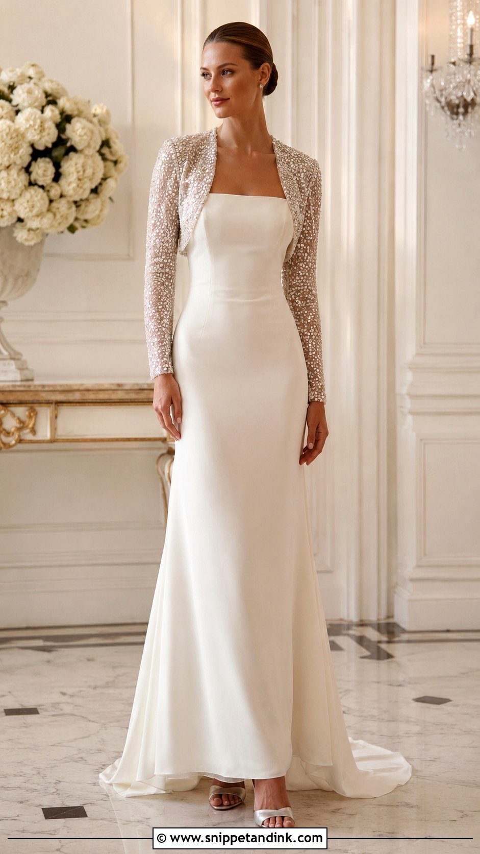 Sequin Bridal Bolero With Evening Wedding Dress - Snippet and Ink - 25 Bridal Bolero Ideas