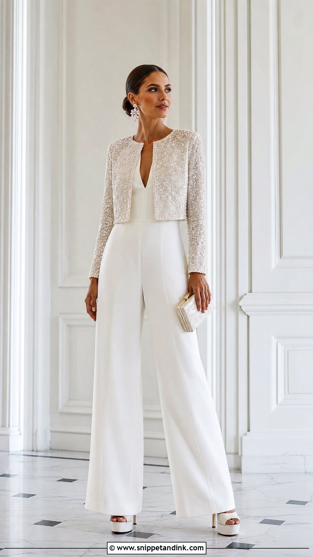 Sequin Bridal Jacket With Simple Jumpsuit - Snippet and Ink - 25 Bridal Jacket Ideas