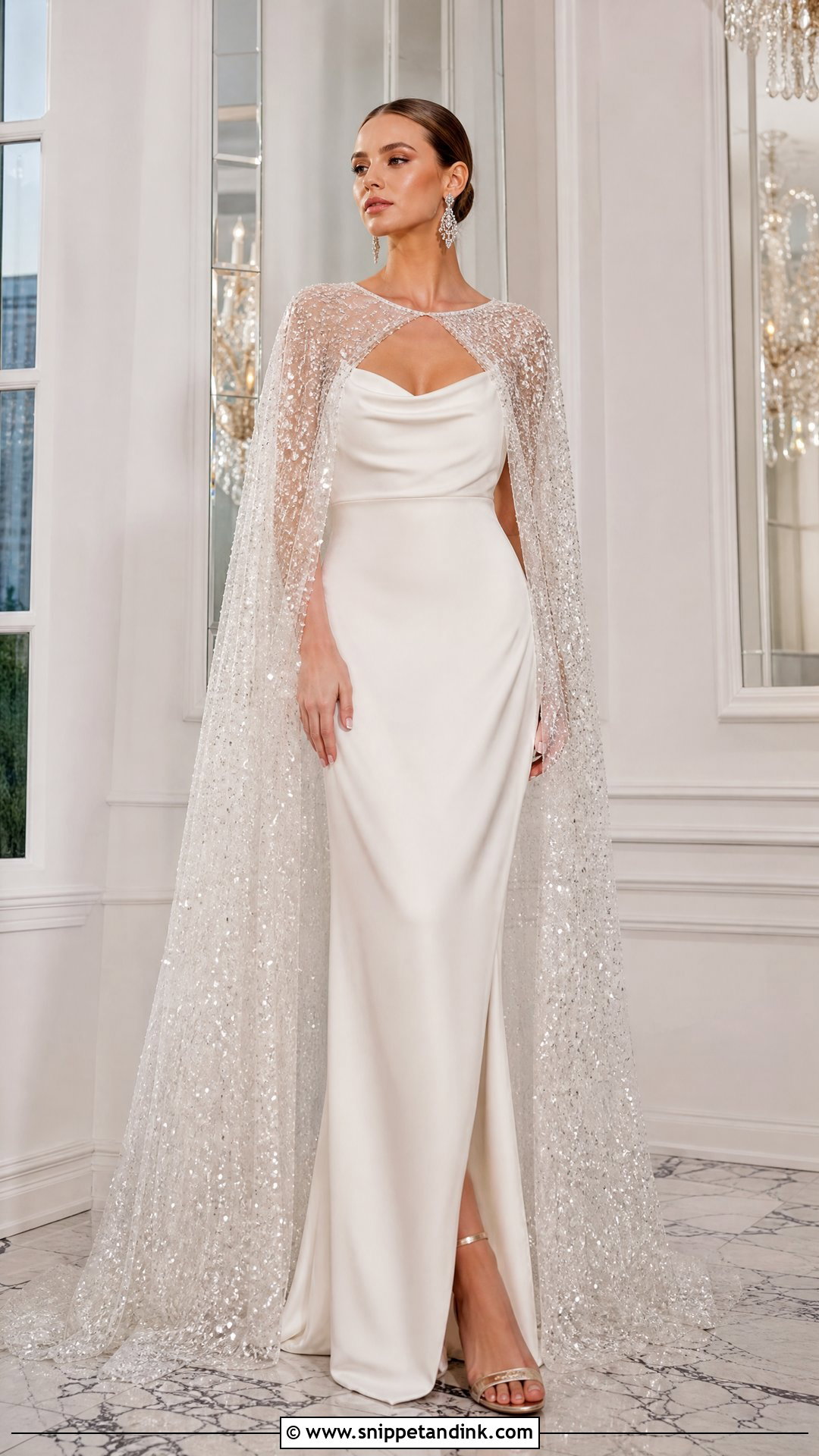 Sequin Bride Cape With Evening Wedding Dress - Snippet and Ink - 25 Bride Cape Ideas