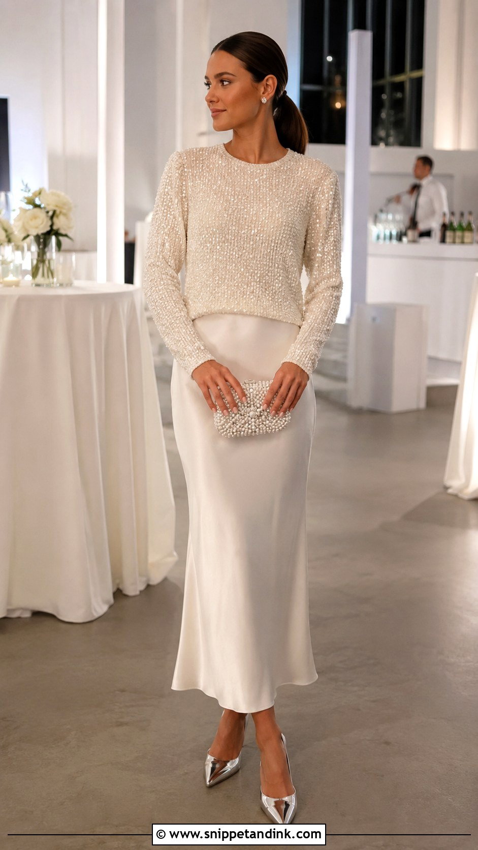 Sequin Bride Sweater With Minimal Satin Dress - Snippet and Ink - 20 Bride Sweater Ideas