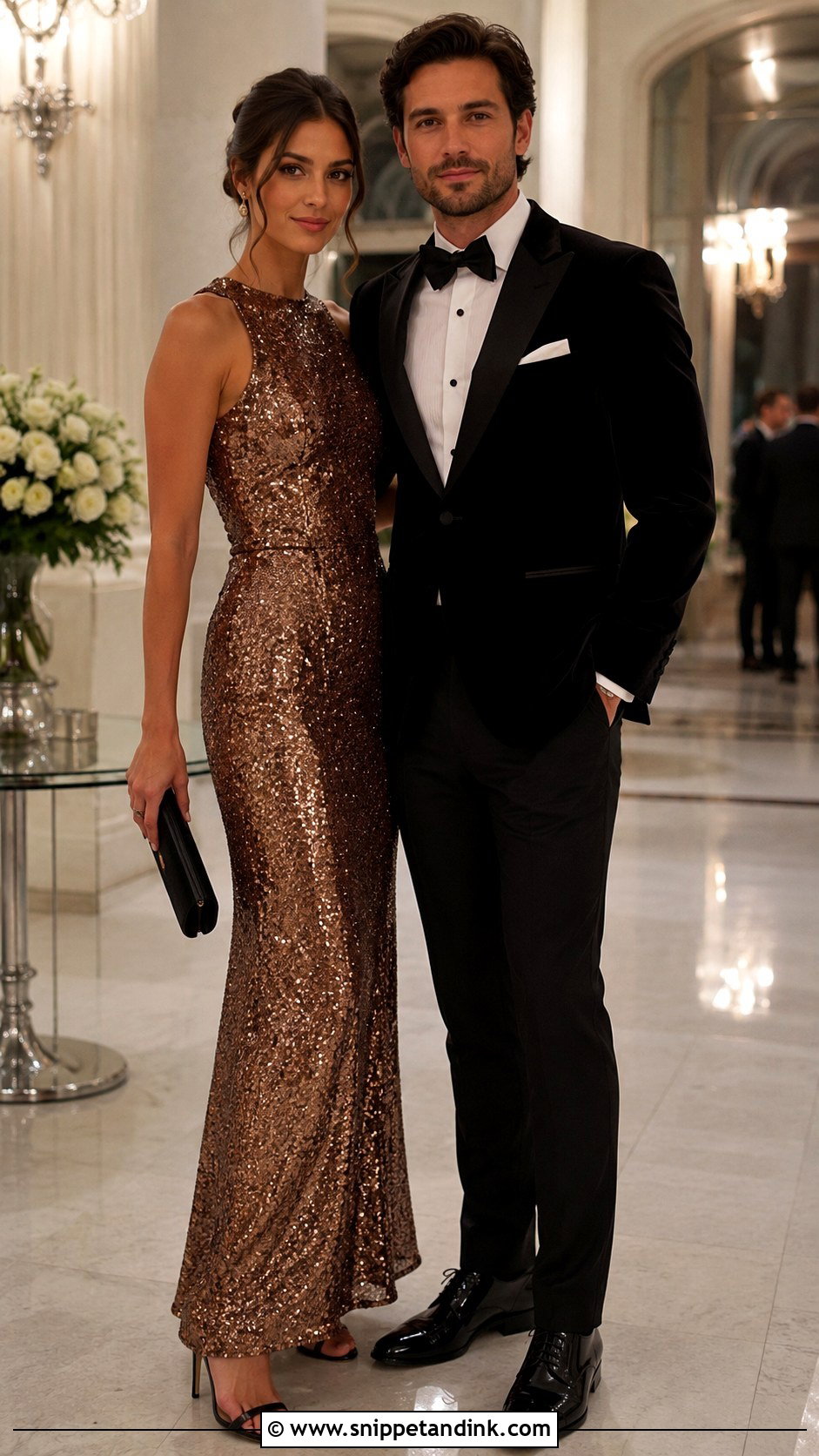 Sequin Gown and Velvet Dinner Jacket Couple Wedding Outfit - Snippet and Ink - 20 Couple Dress for Wedding Ideas