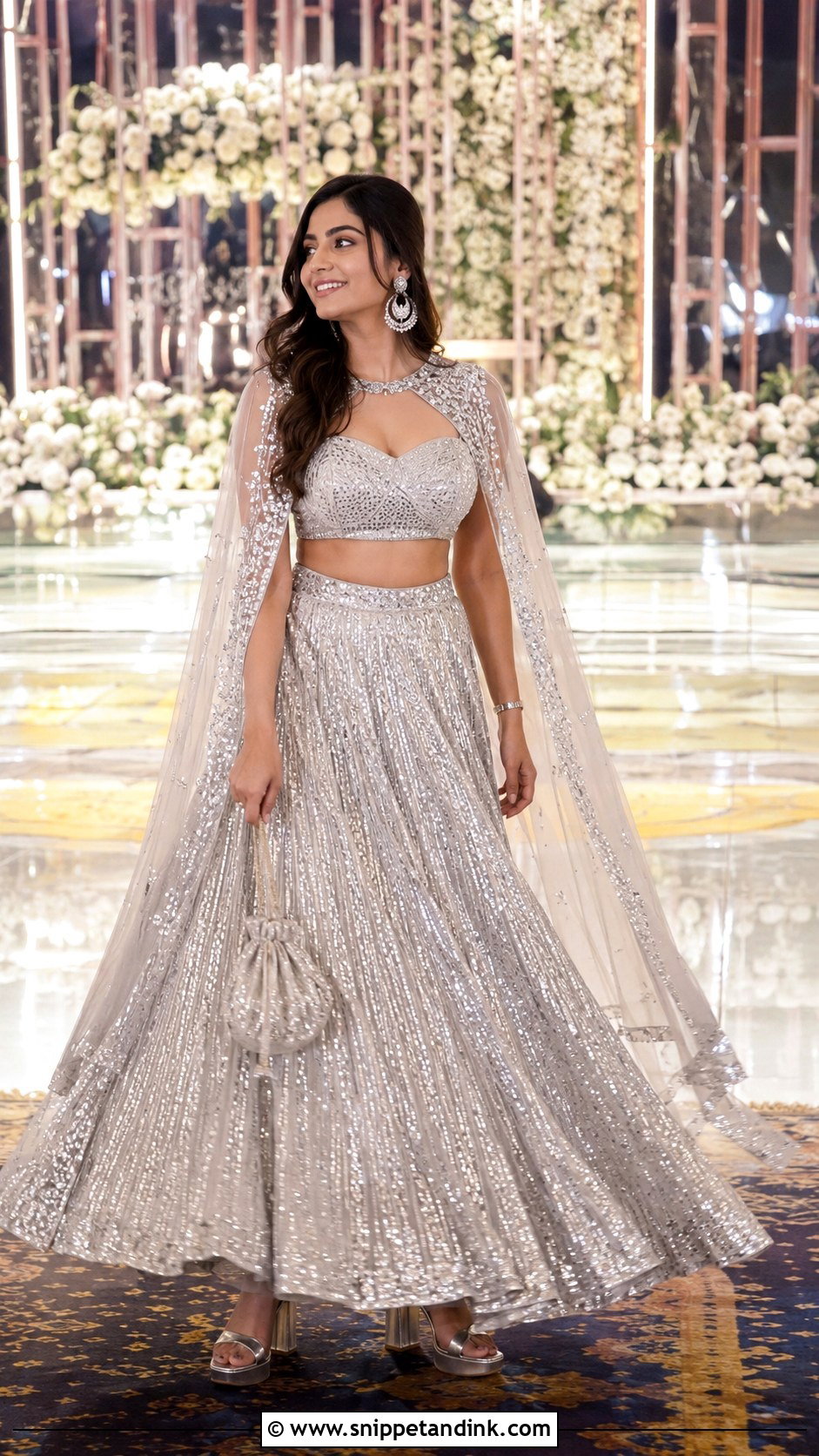 Sequin Lehenga With Cape Blouse For Indian Sangeet - Snippet and Ink - 20 Indian Sangeet Outfit Ideas