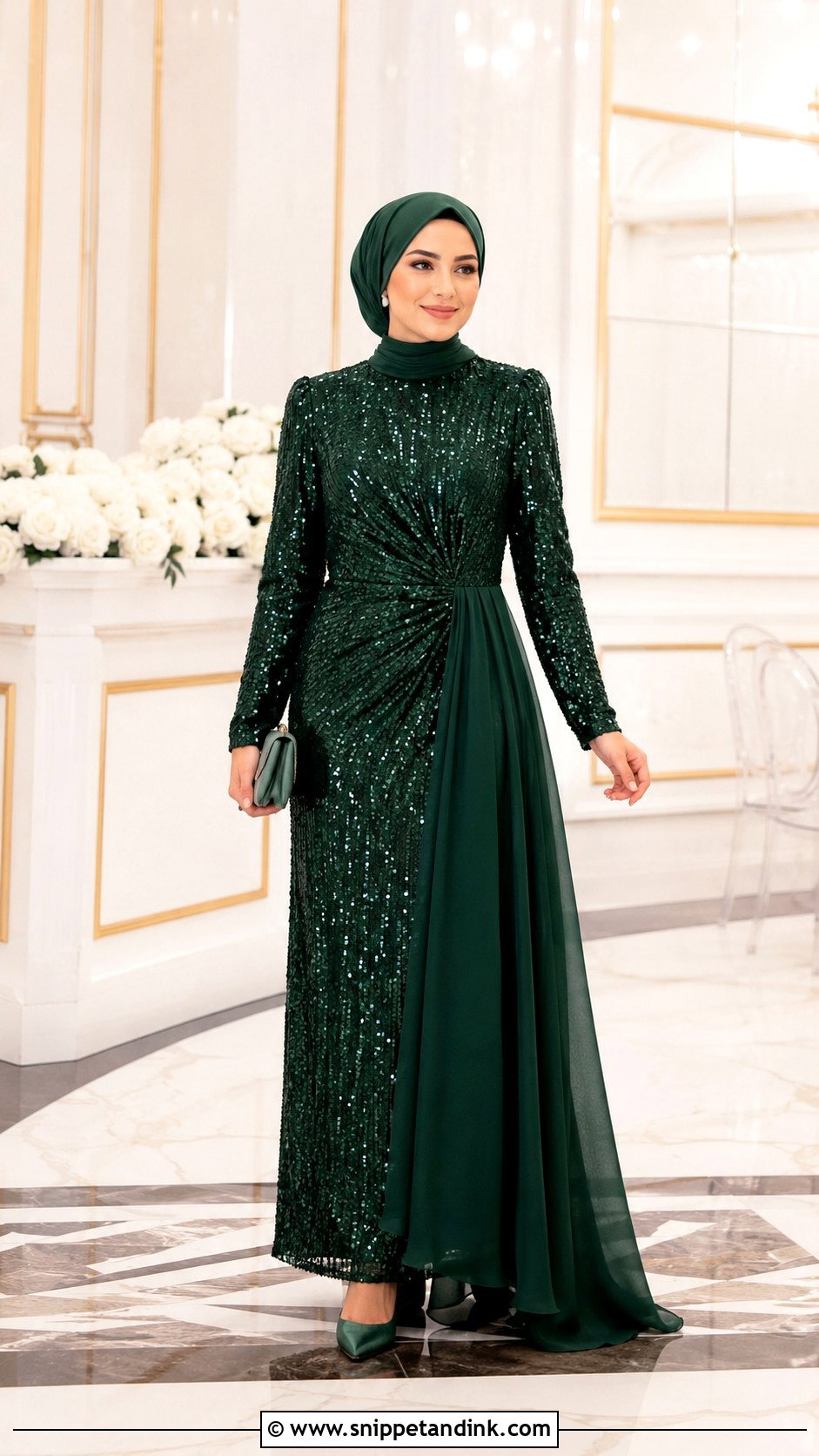 Sequin Maxi Dress And Plain Hijab Wedding Outfit - Snippet and Ink - 20 Hijab Outfit Wedding Ideas