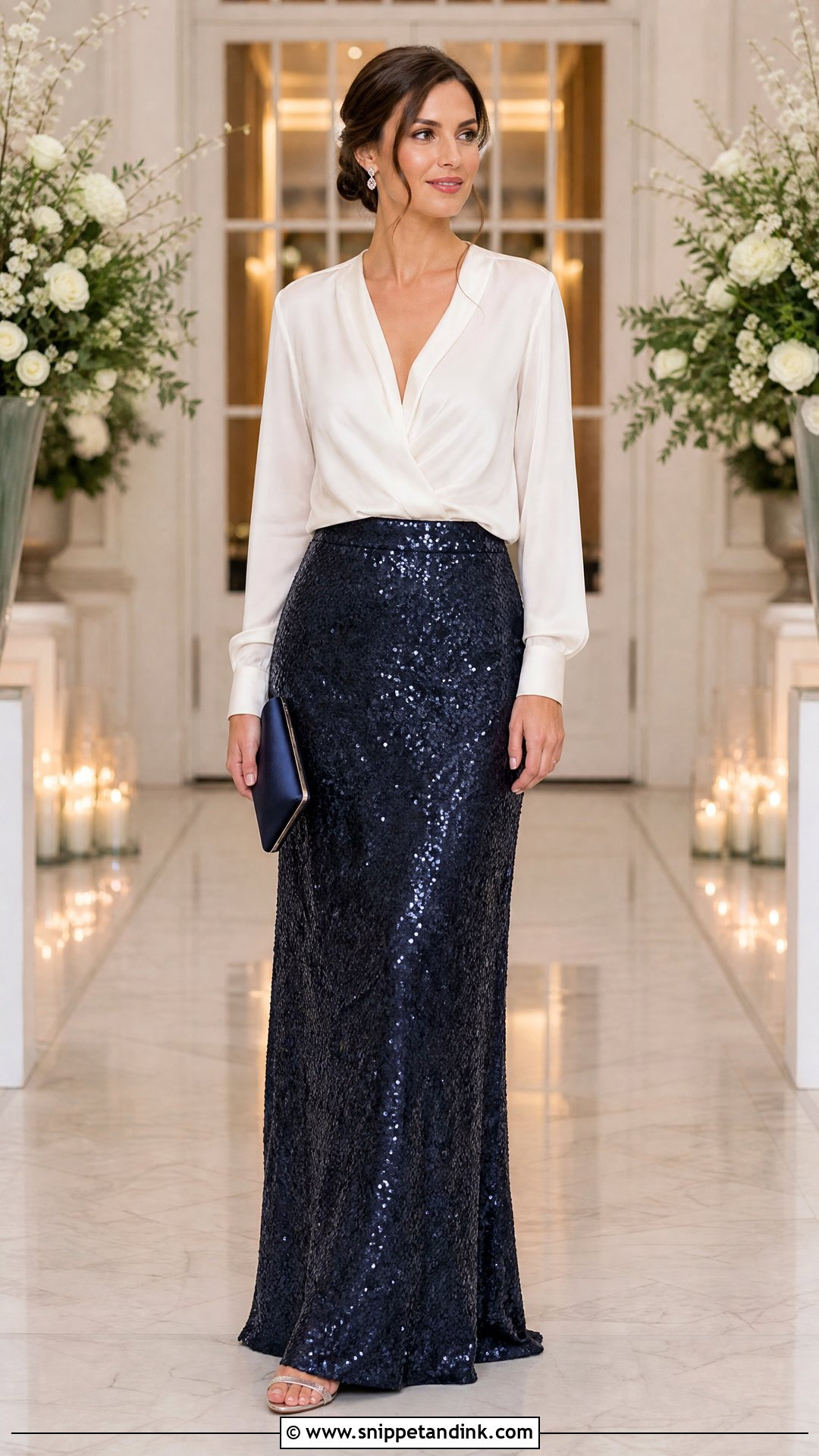 Sequin Maxi Skirt and Silk Blouse Wedding Outfit - Snippet and Ink - 20 Skirt and Top Outfits for Wedding
