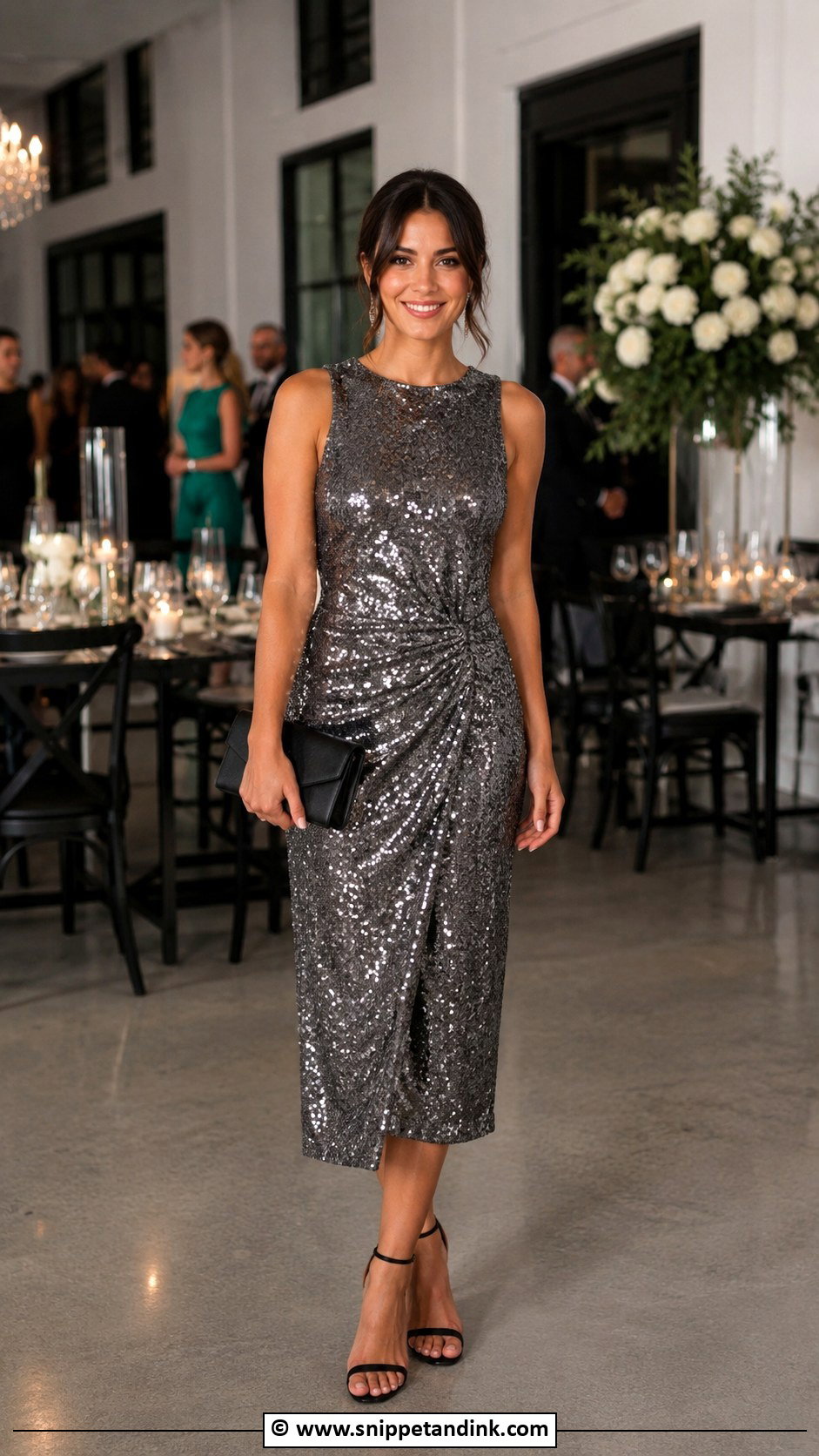 Sequin Midi Dress Cocktail Wedding Attire - Snippet and Ink - 30 Cocktail Wedding Attire Ideas