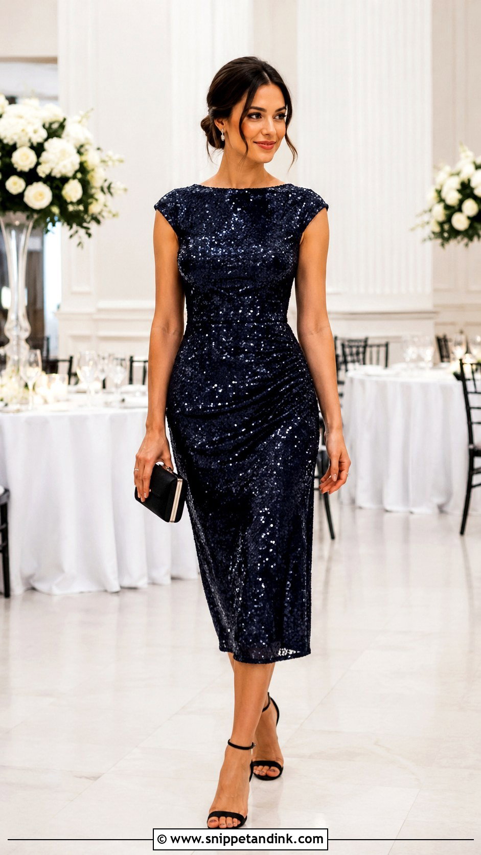 Sequin Midi Dress Wedding Outfit - Snippet and Ink - 30 Trendy Wedding Outfits